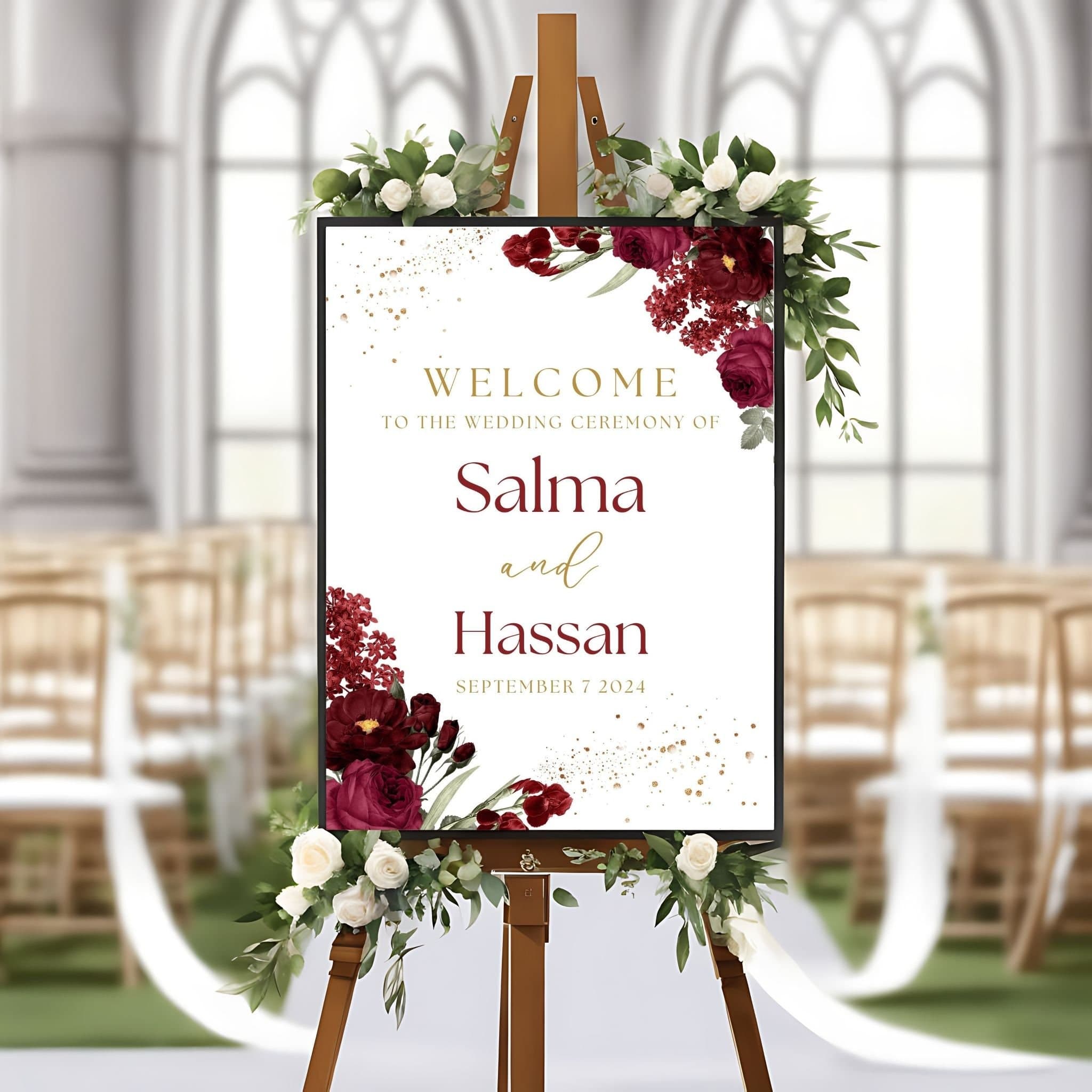 Maroon floral Wedding Welcome Sign, A1, A2, A3, A4, Pakistani Wedding, Baraat Nikkah sign, Muslim Welcome Sign, Red flower Welcome Sign - image 3