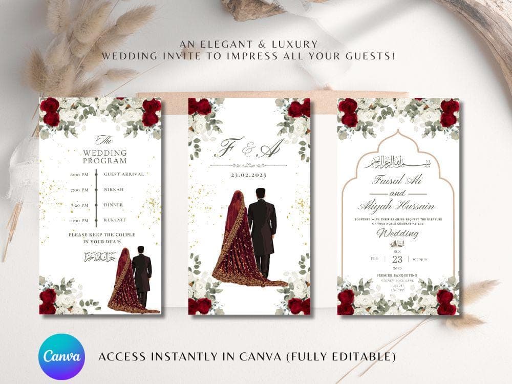 Editable Digital Muslim Wedding Invitation Template, Animated Wedding Invitation, Red and white Rosed Wedding Invite, Nikkah Baraat invite - image 5