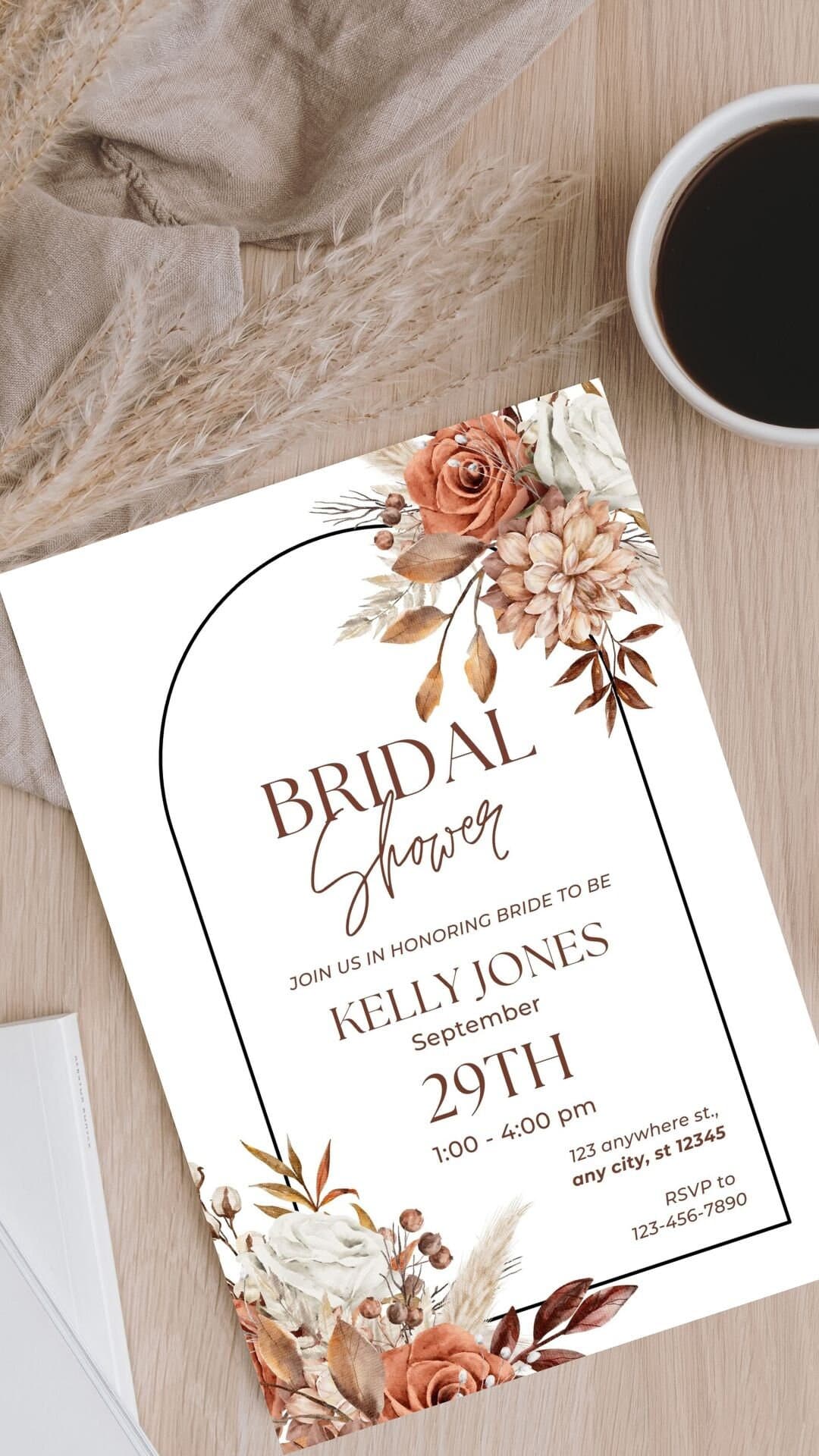 Bridal shower invitation, Boho Bridal shower Invitation, Botanical Bridal Shower Invite, Pampas Bridal shower invitation, bridal template - image 4