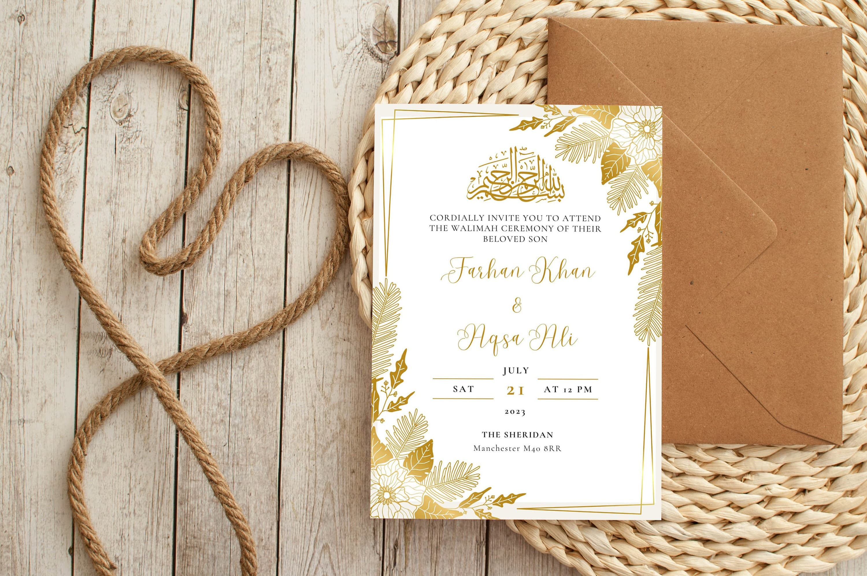 Digital Muslim Wedding Invitation Template, Neutral Cream Gold Floral Nikah Invite, Islamic Baraat Walima Card Editable Reception Evite - image 3