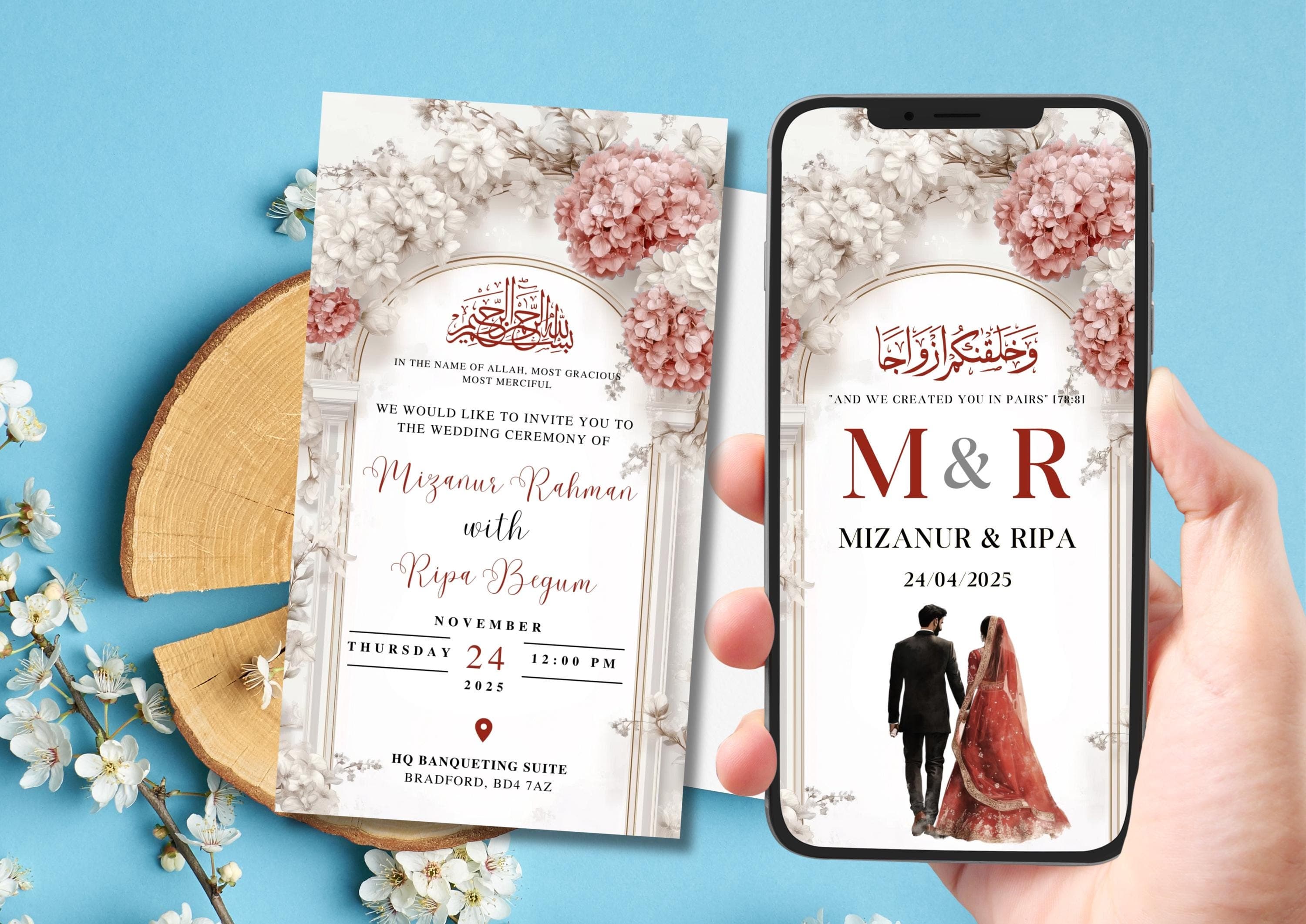 Editable Digital Muslim Wedding Invitation Template, Animated Wedding Invitation, Nikkah Red Arch Wedding Invite, Red Baraat Invitation