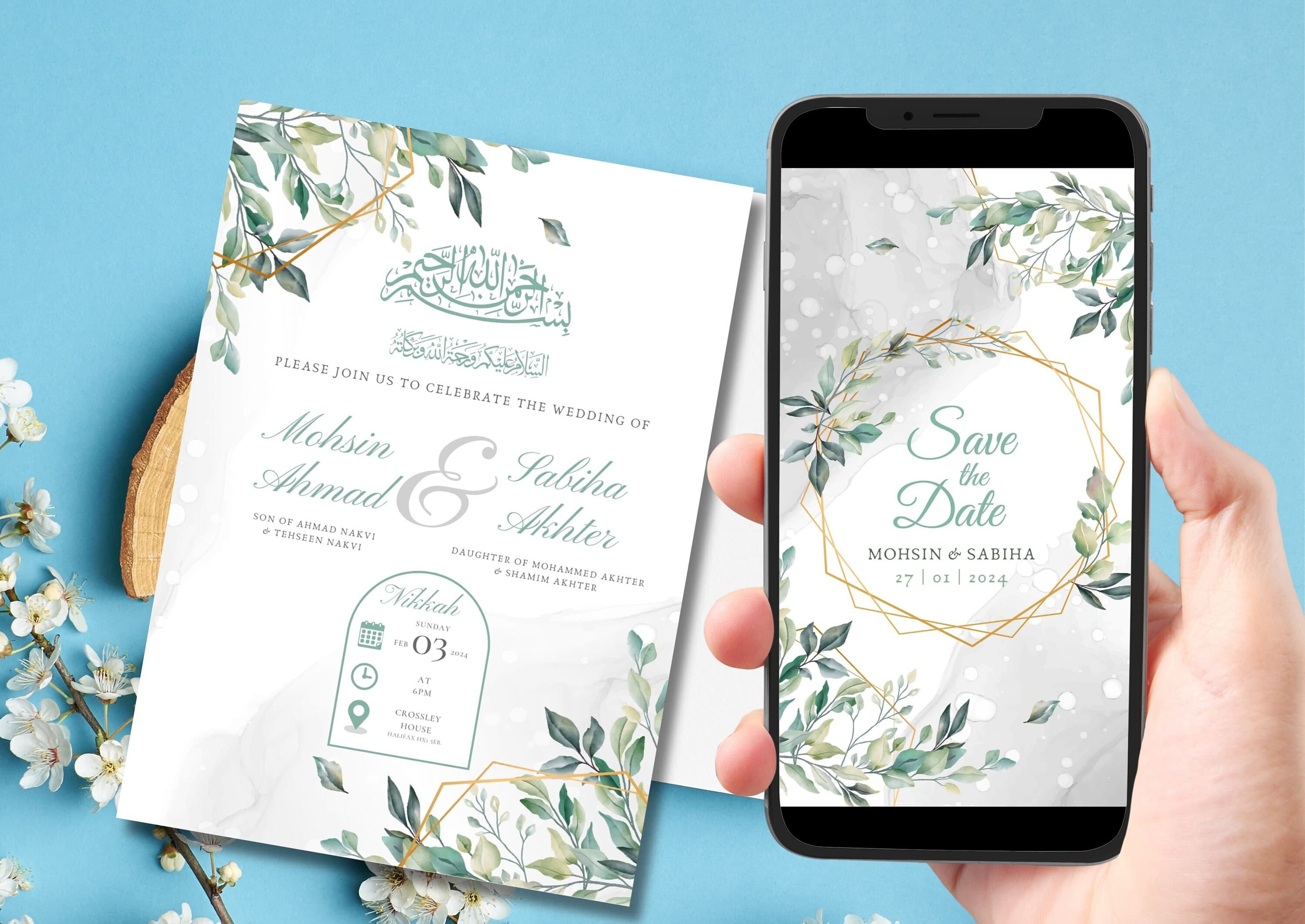 Digital Muslim Wedding Invitation Template, Electronic Botanic Leaves Nikkah Invitation, Nikkah Walimah Shaadi, Animated Wedding Invite