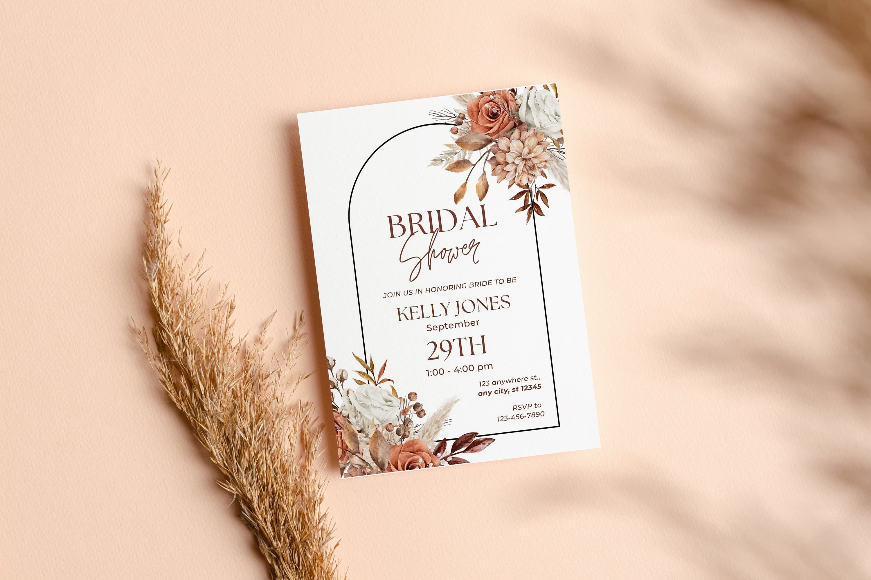 Bridal shower invitation, Boho Bridal shower Invitation, Botanical Bridal Shower Invite, Pampas Bridal shower invitation, bridal template - image 5