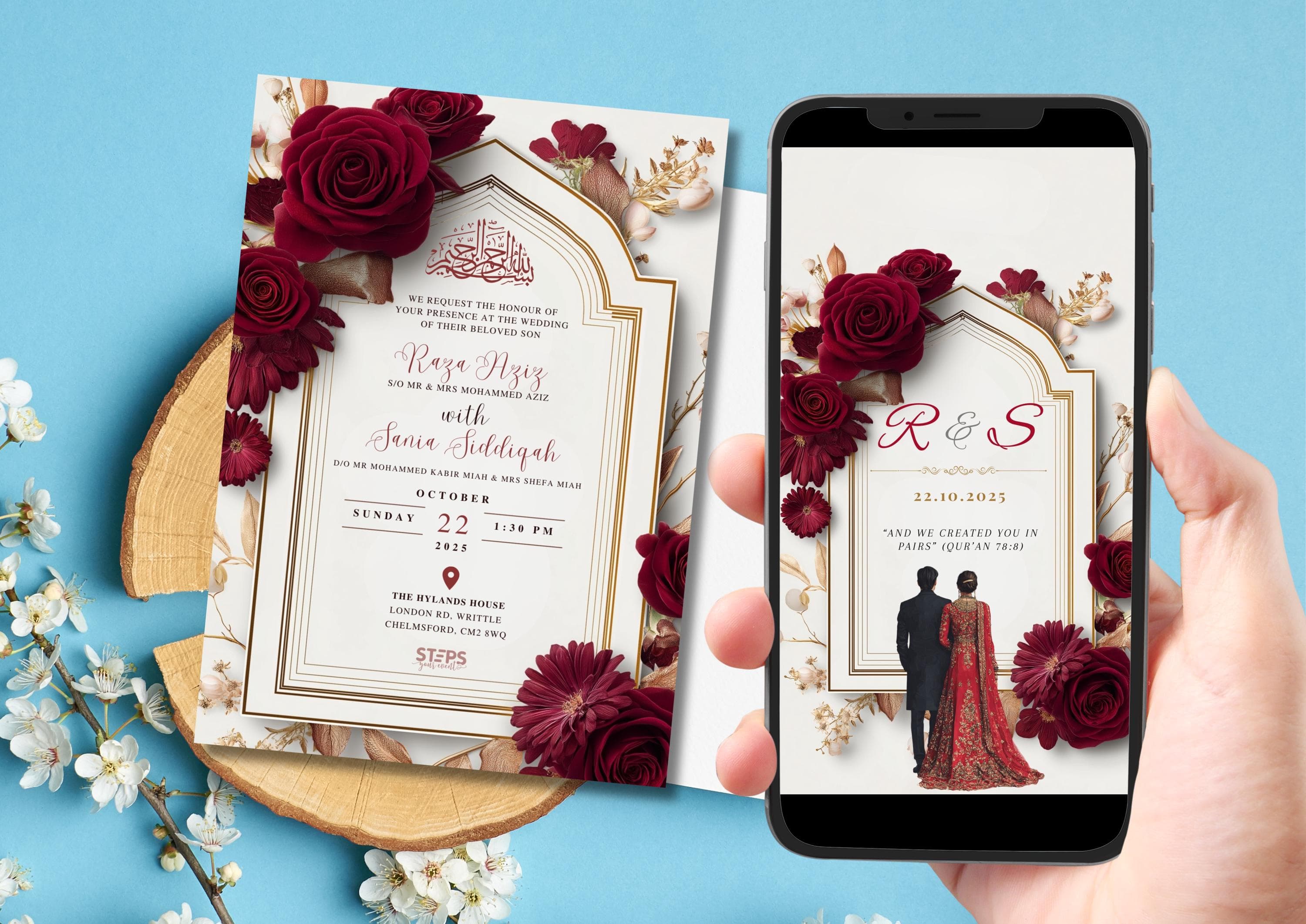 Editable Digital Muslim Wedding Invitation Template, Animated Wedding Invitation, Nikkah Maroon Arch Wedding Invite, Red Baraat Invitation
