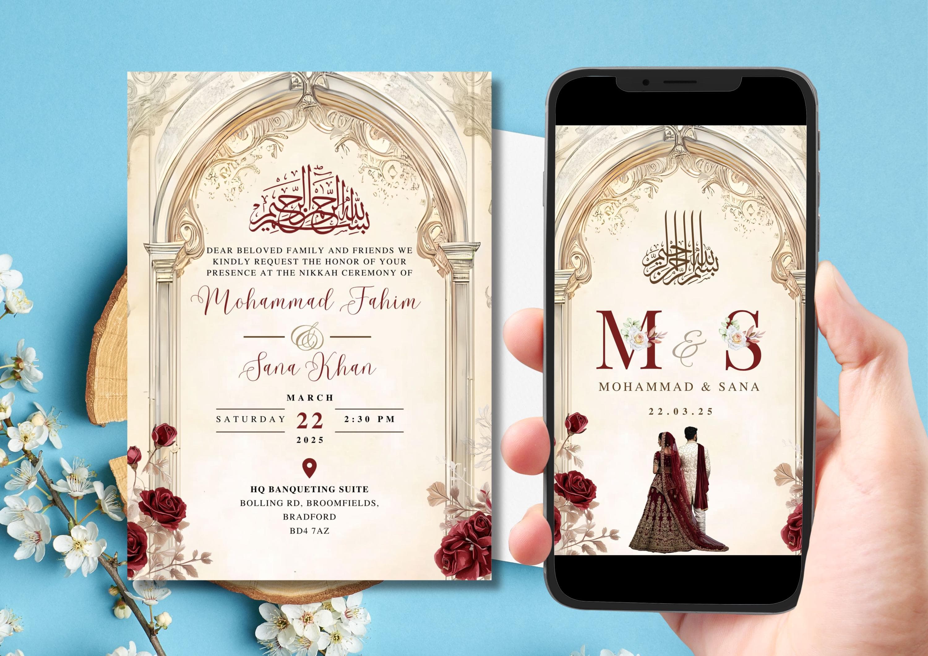 Editable Digital Muslim Wedding Invitation Template, Animated Wedding Invitation, Nikkah Red Arch Wedding Invite, Red Baraat Invitation