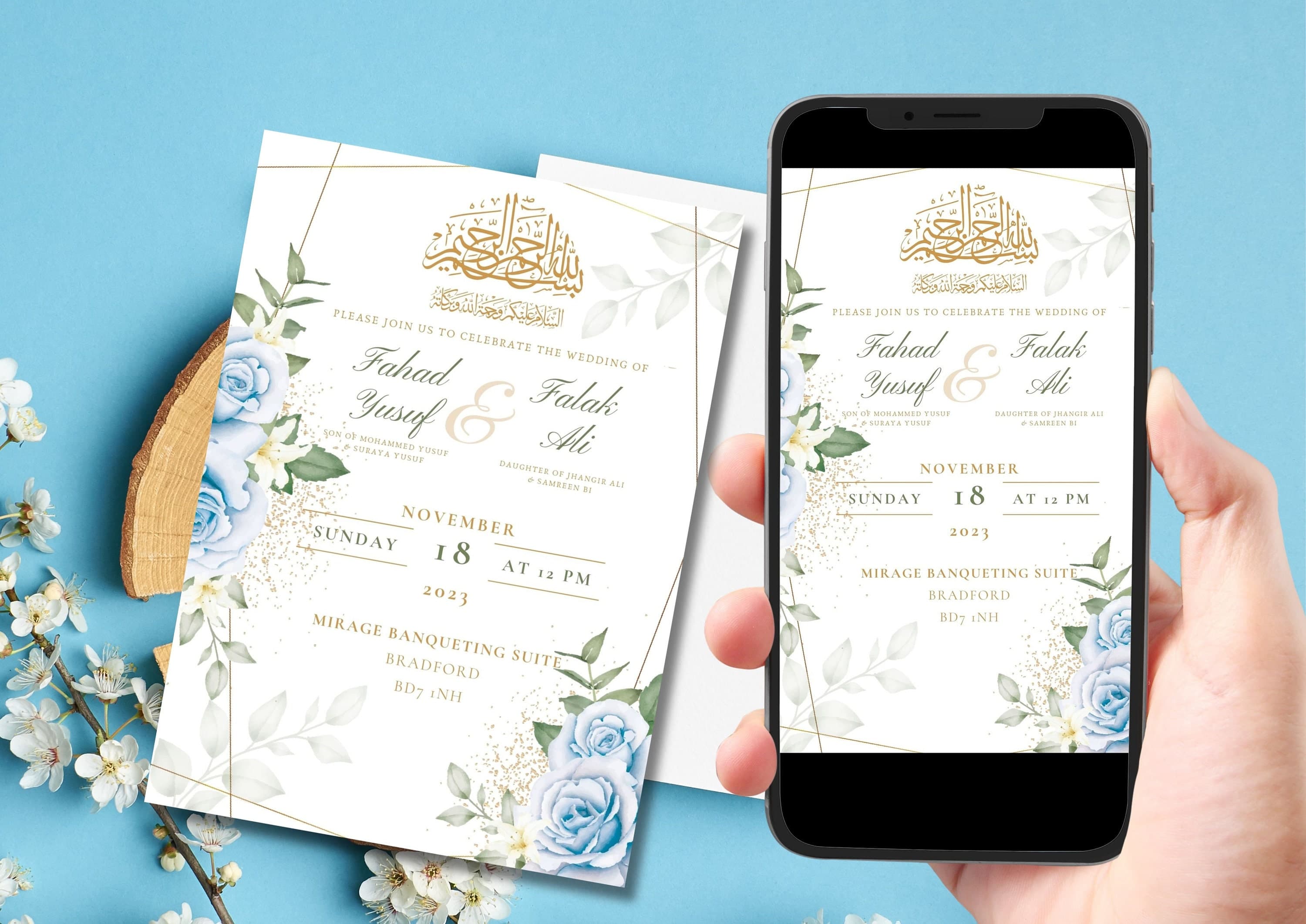 Digital Muslim Wedding Invitation Template, Electronic Navy Floral Blue Nikkah Invitation, Nikkah Walimah Shaadi, Animated Wedding Invite