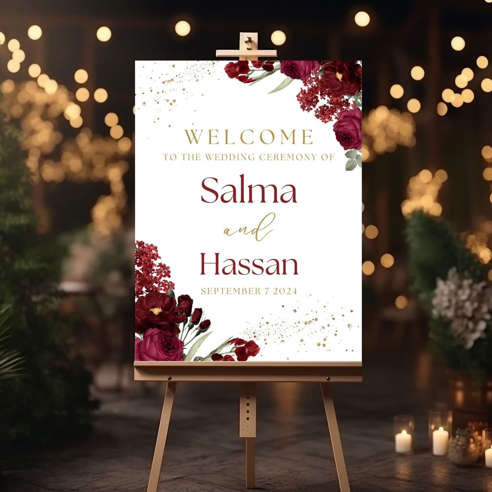 Maroon floral Wedding Welcome Sign, A1, A2, A3, A4, Pakistani Wedding, Baraat Nikkah sign, Muslim Welcome Sign, Red flower Welcome Sign - image 4