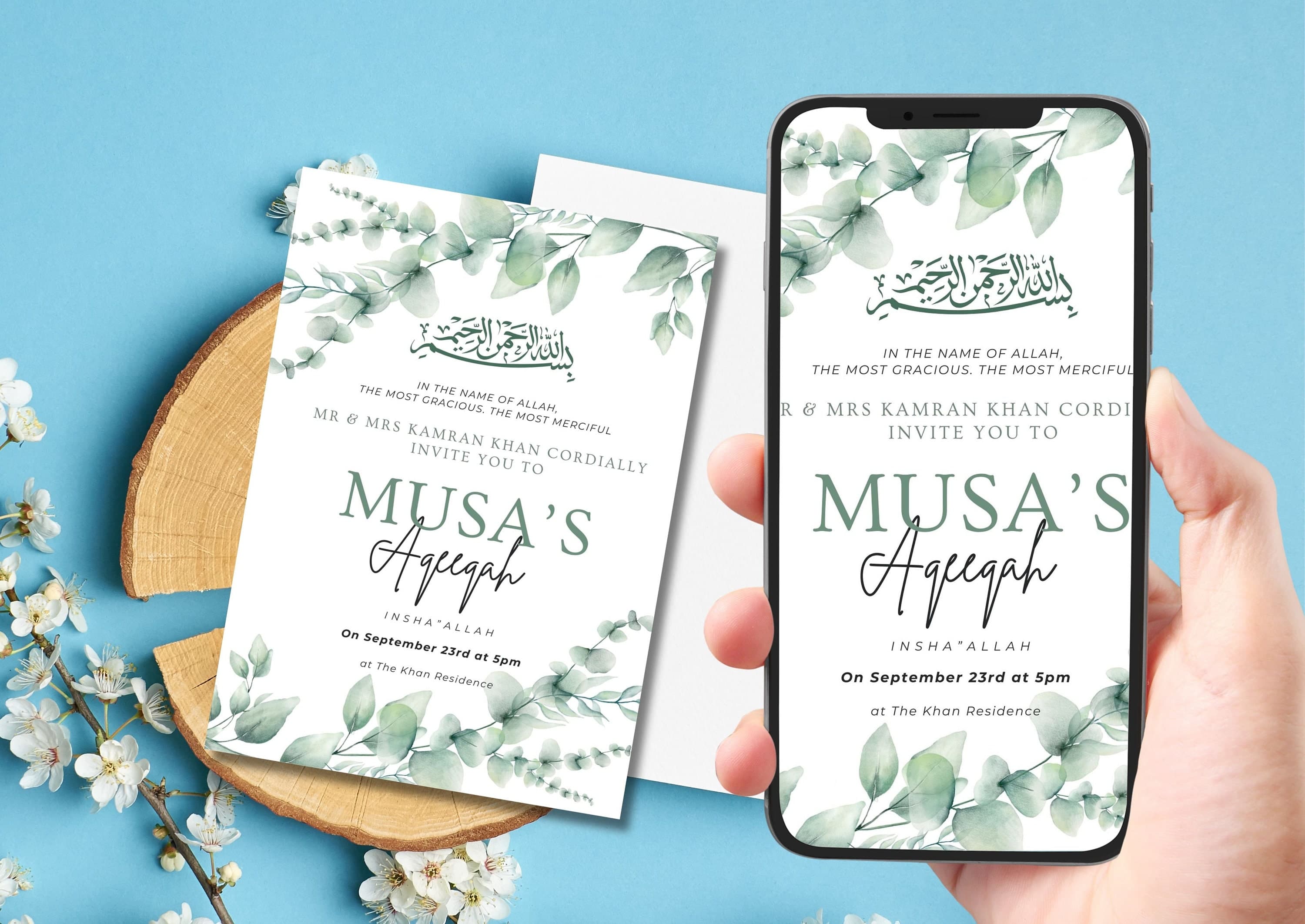 Aqeeqah Invitation Digital Download, Personalized Islamic Unisex Birth Announcement Invite, Boy Aqiqa, Aqīqah Aqeeqa Welcome