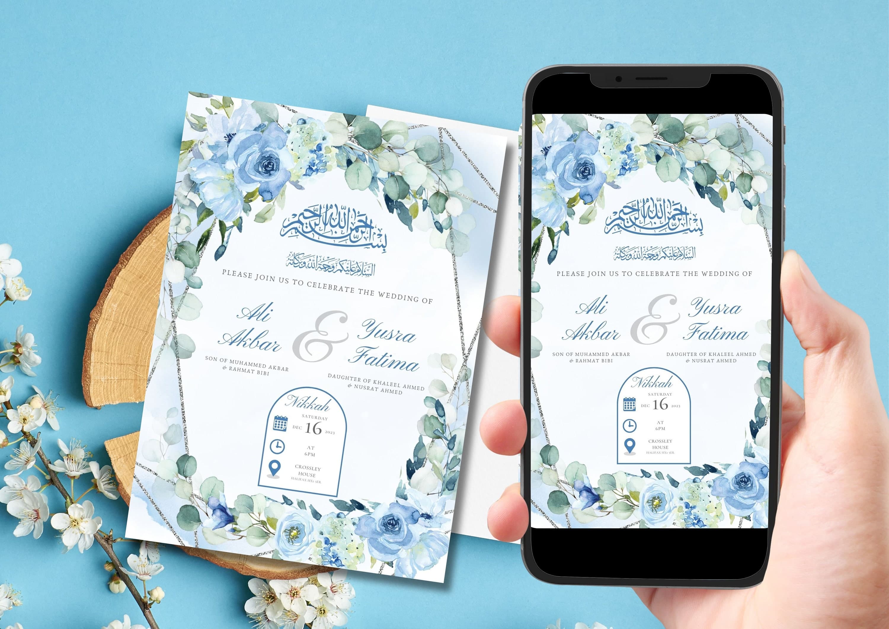 Digital Muslim Wedding Invitation Template Nikkah Walimah Shaadi Baraat, Blue Floral Nikkah Invitation,  Animated Wedding Invite, Einvite