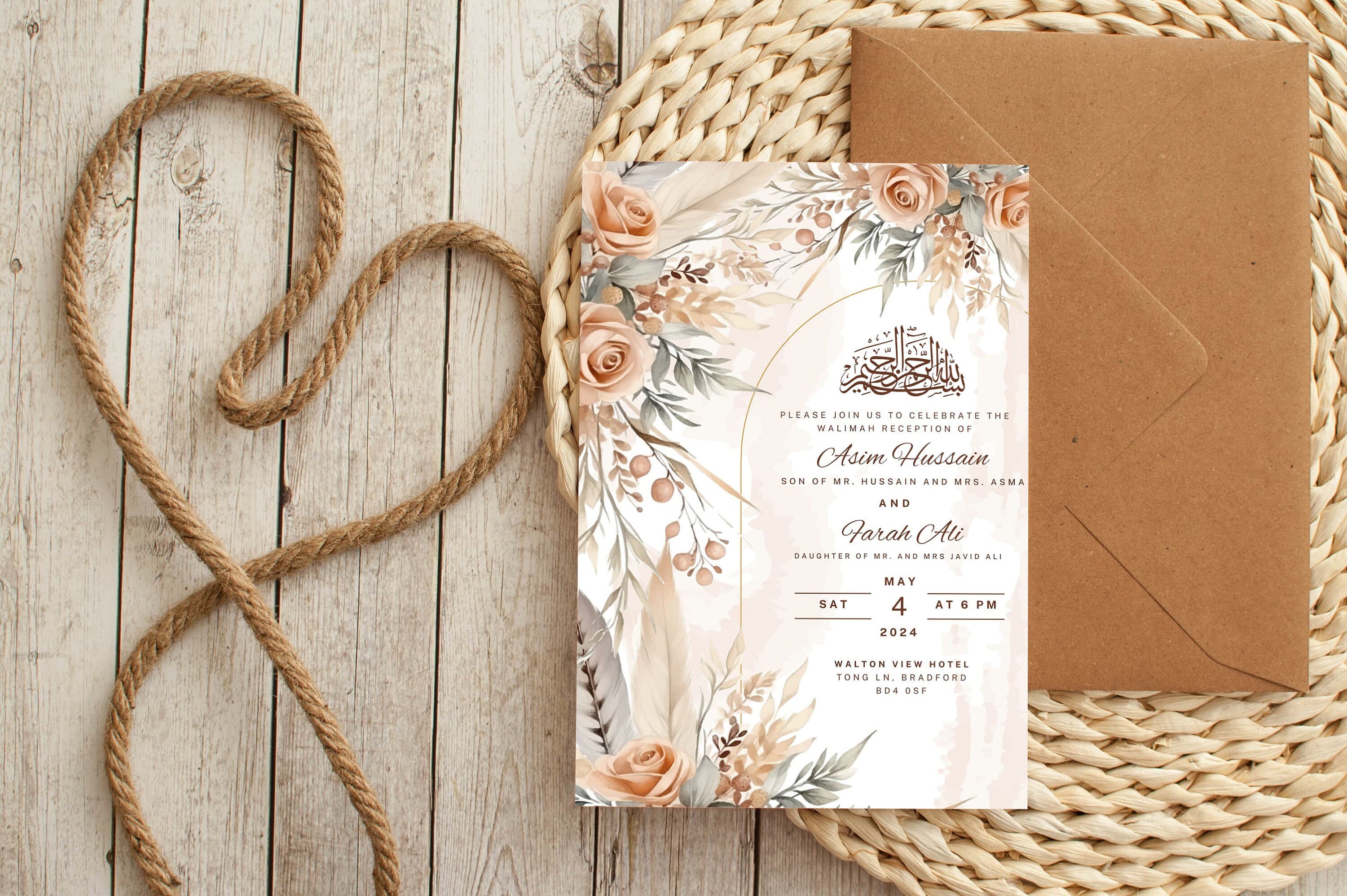 Digital Muslim Wedding Invitation Template, Beige Rose Floral Nikah Wedding Invitation, Editable Muslim Invitation, Animated Wedding invite - image 3