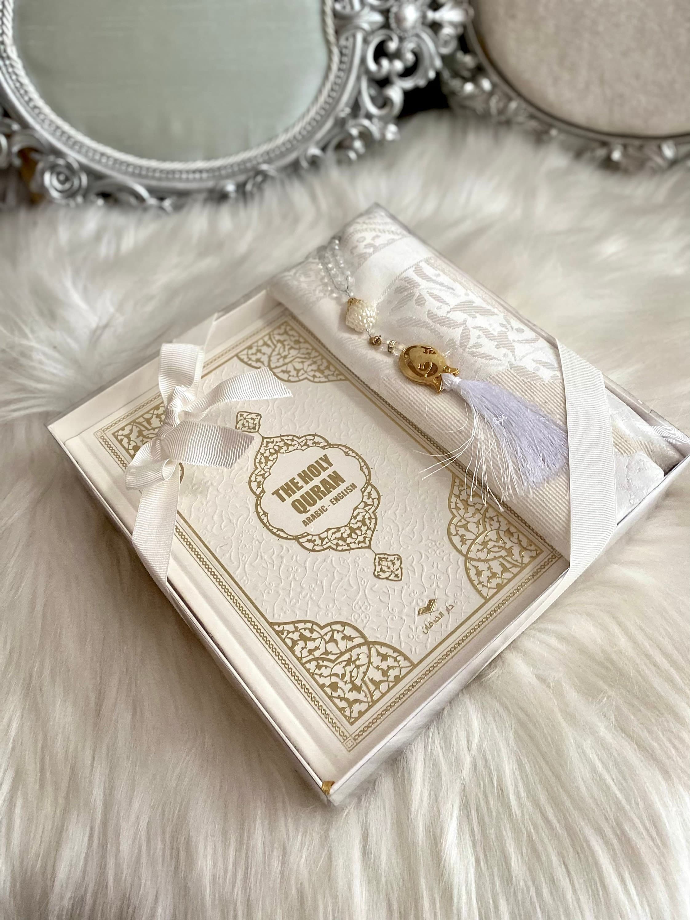 White English Quran, Ramadan Kareem Gift, Muslim Gift, Islamic Gift, English Leather Pink Quran, Prayer Rug, Tasbih, Eid-ul Fitr Gift