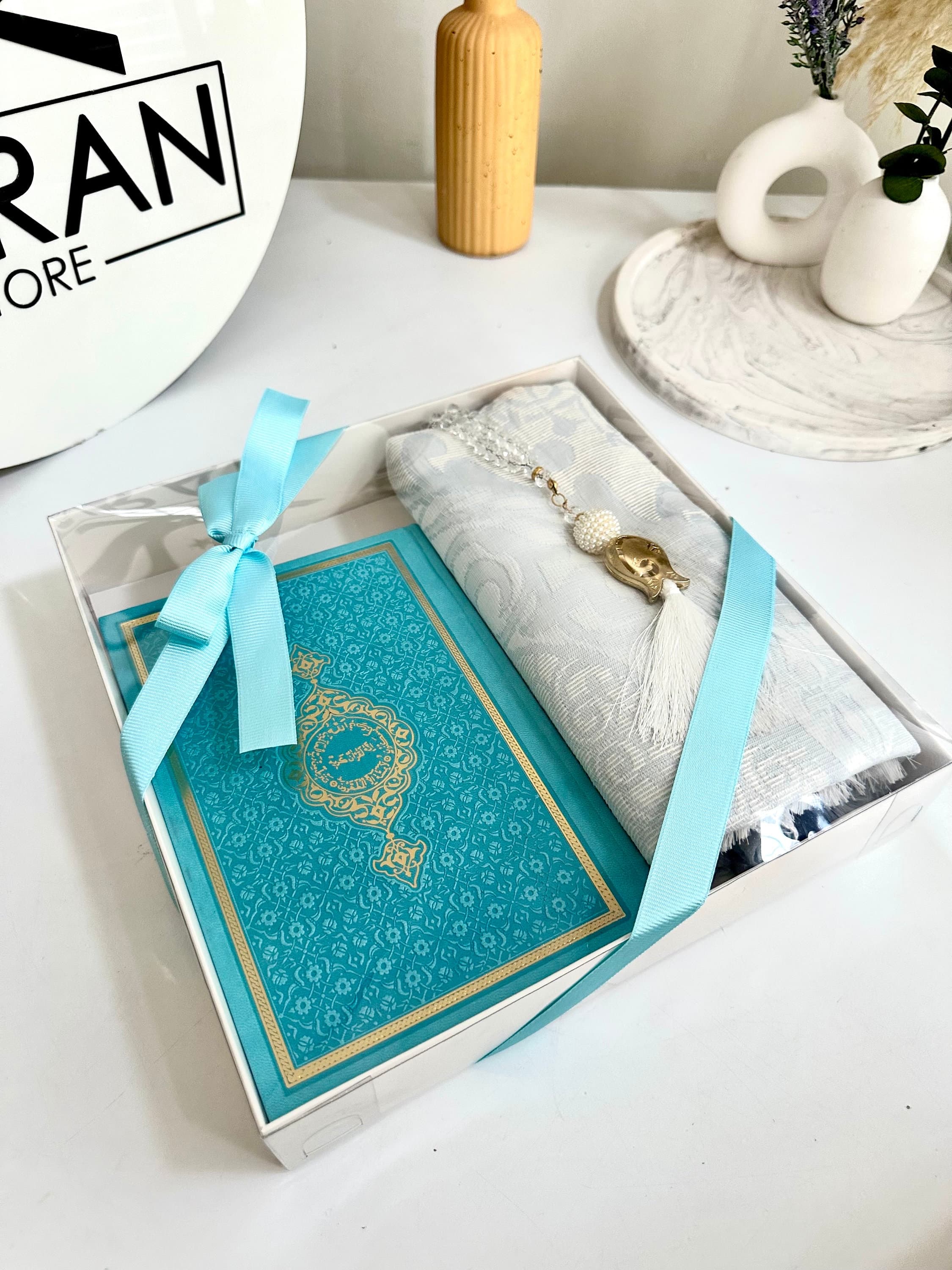 Medium Blue Arabic Quran, Quran Gift Set, Muslim Friend Gift, Ramadan Gift, Islamic Eid Gift, Arabic Leather Quran, Prayer Rug, Crystal Tasb