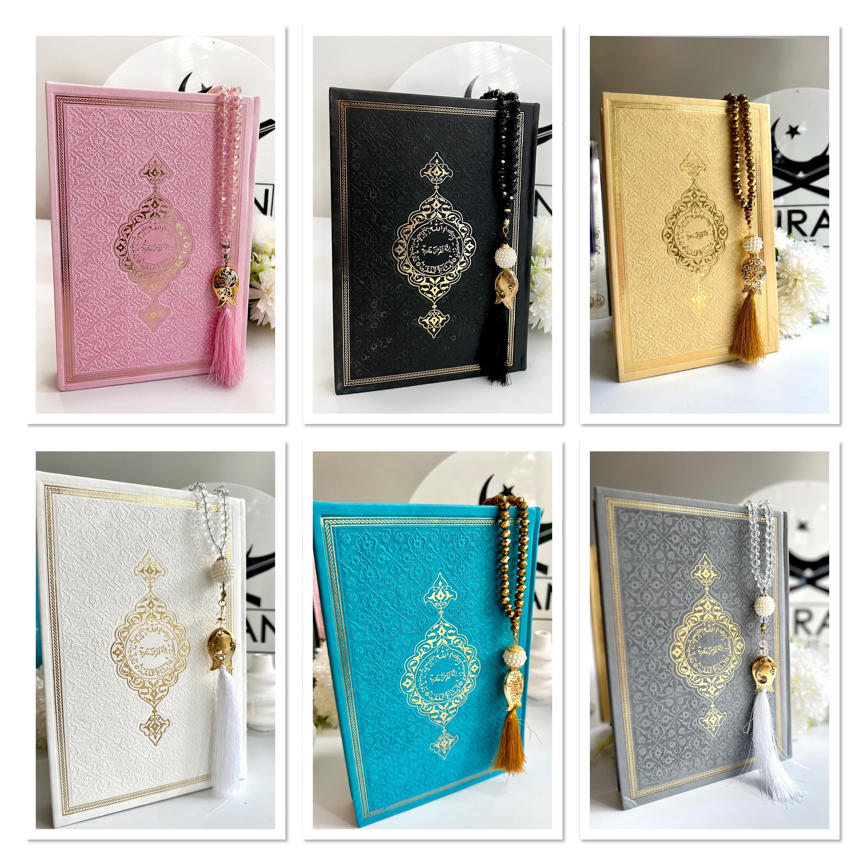 Large Silver Arabic Quran Gift Set, Leather, Prayer Rug & Tasbih