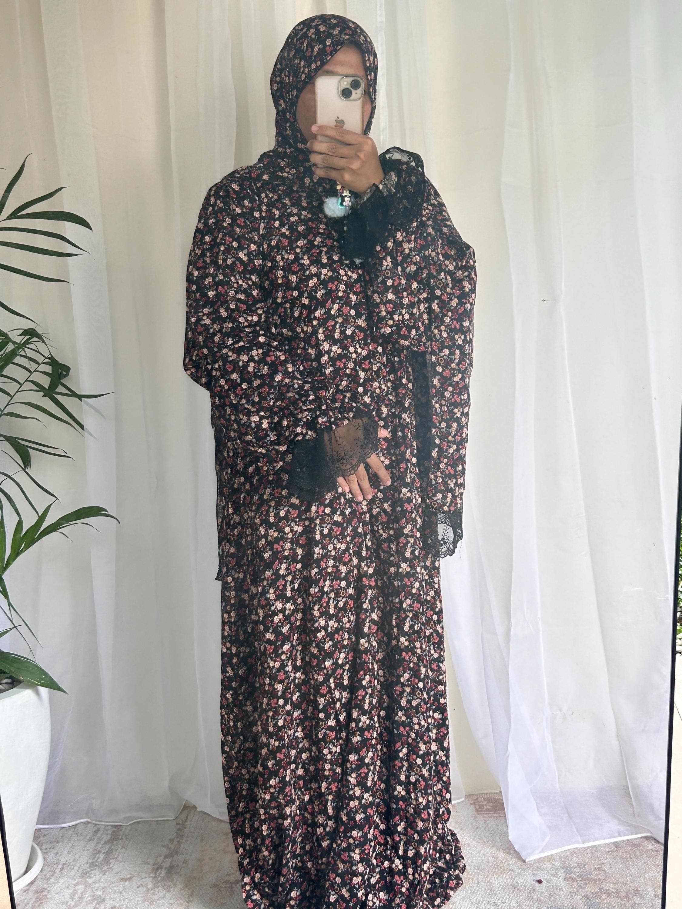 Black Floral Prayer Dress with Attached Hijab – Long A Line Mukena, Modest Islamic Prayer Outfit - image 5