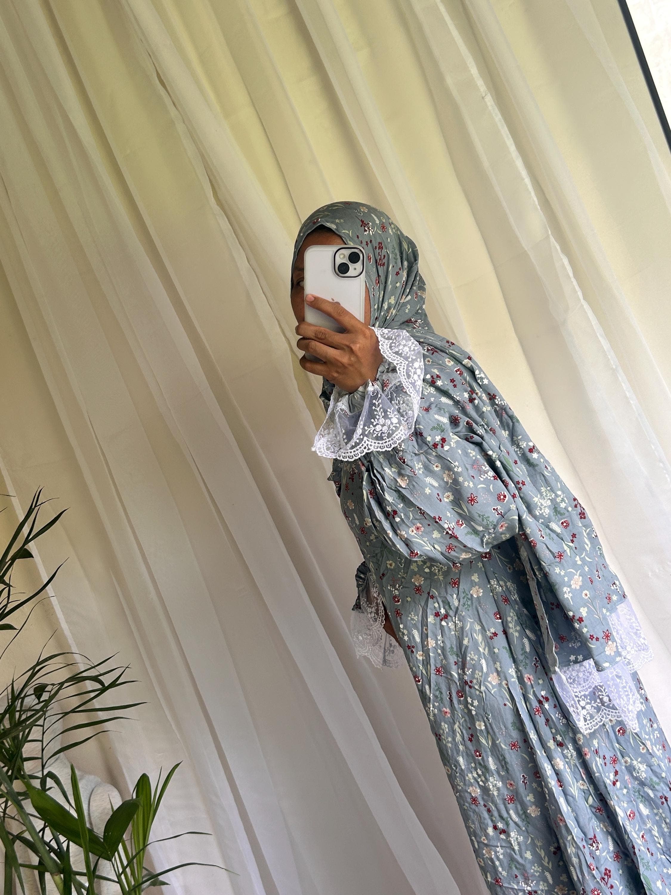Long Blue Floral Prayer Dress with Attached Hijab | A-Line Muslimah Dress | Modest Islamic Prayer Outfit for Women - image 5