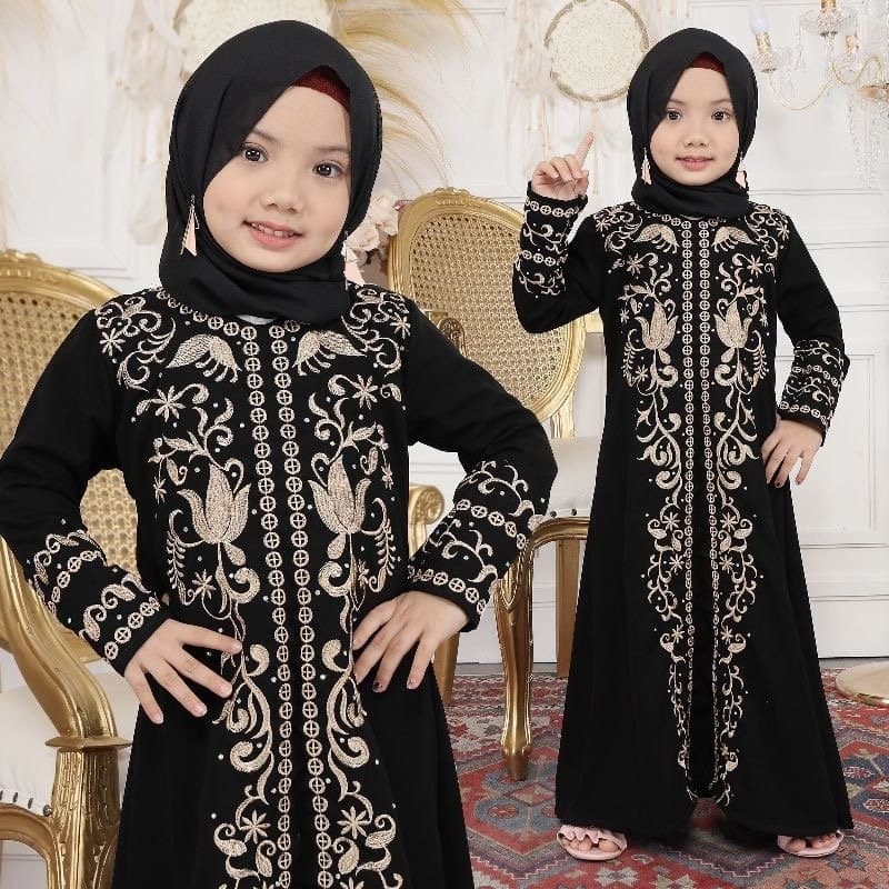 1227 Black Baby Abaya Set, Embroidered Muslim Dress, Hijab Pashmina