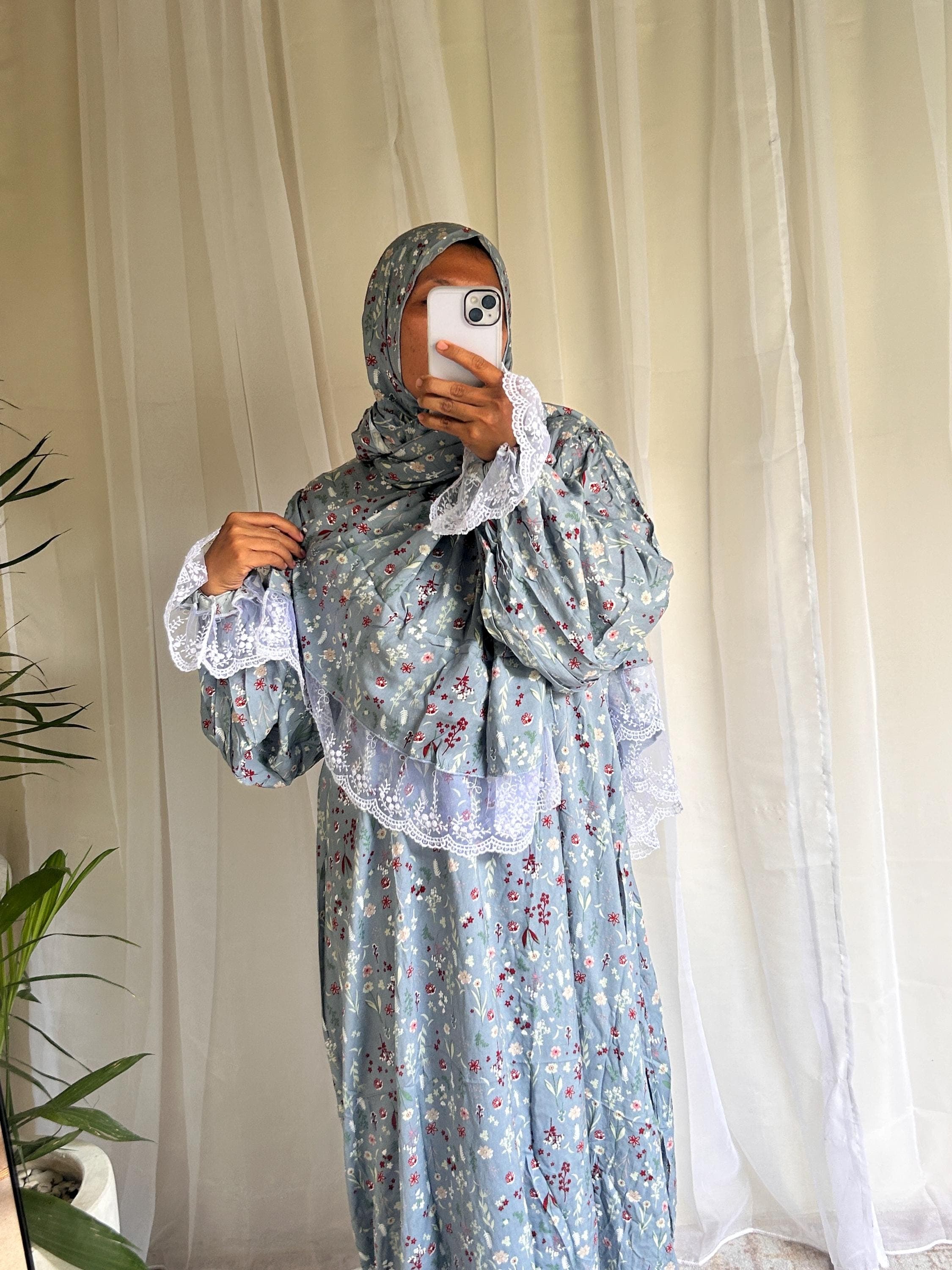 Long Blue Floral Prayer Dress with Attached Hijab | A-Line Muslimah Dress | Modest Islamic Prayer Outfit for Women - image 3
