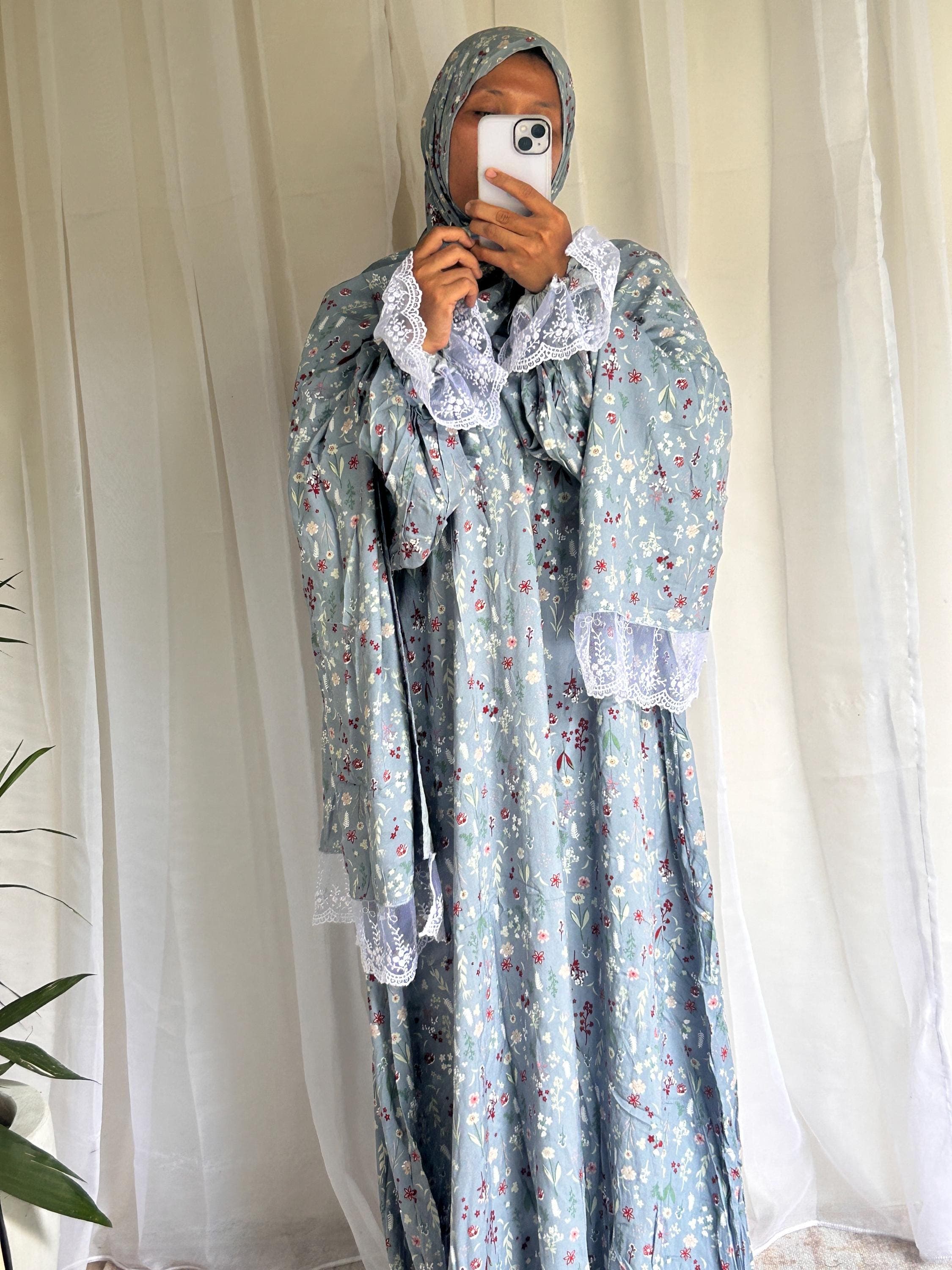 Long Blue Floral Prayer Dress with Attached Hijab | A-Line Muslimah Dress | Modest Islamic Prayer Outfit for Women