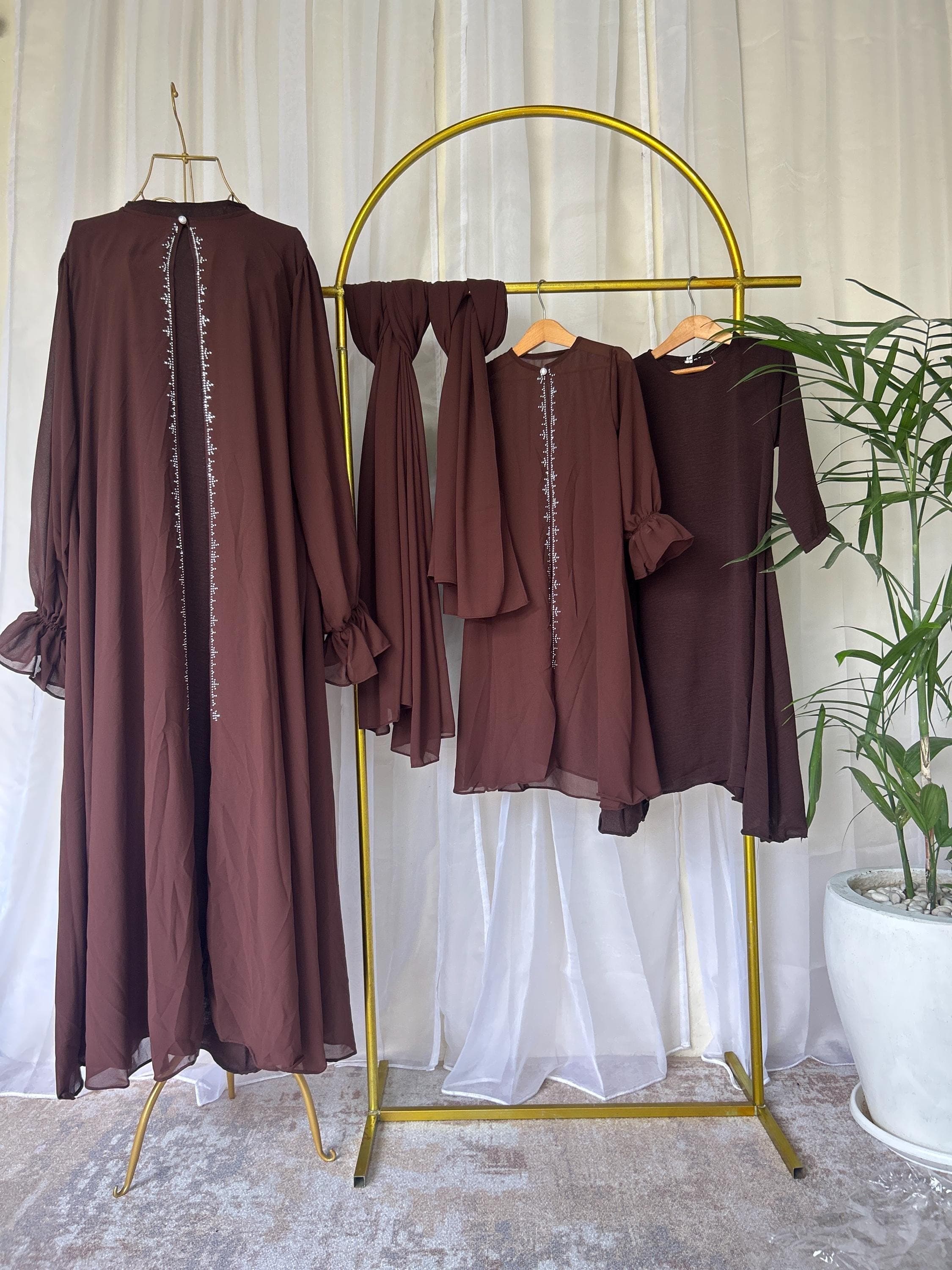 Raina Ramadan Modest Mommy and Me Dress Set Lightweight with Pashmina Hijab Brown