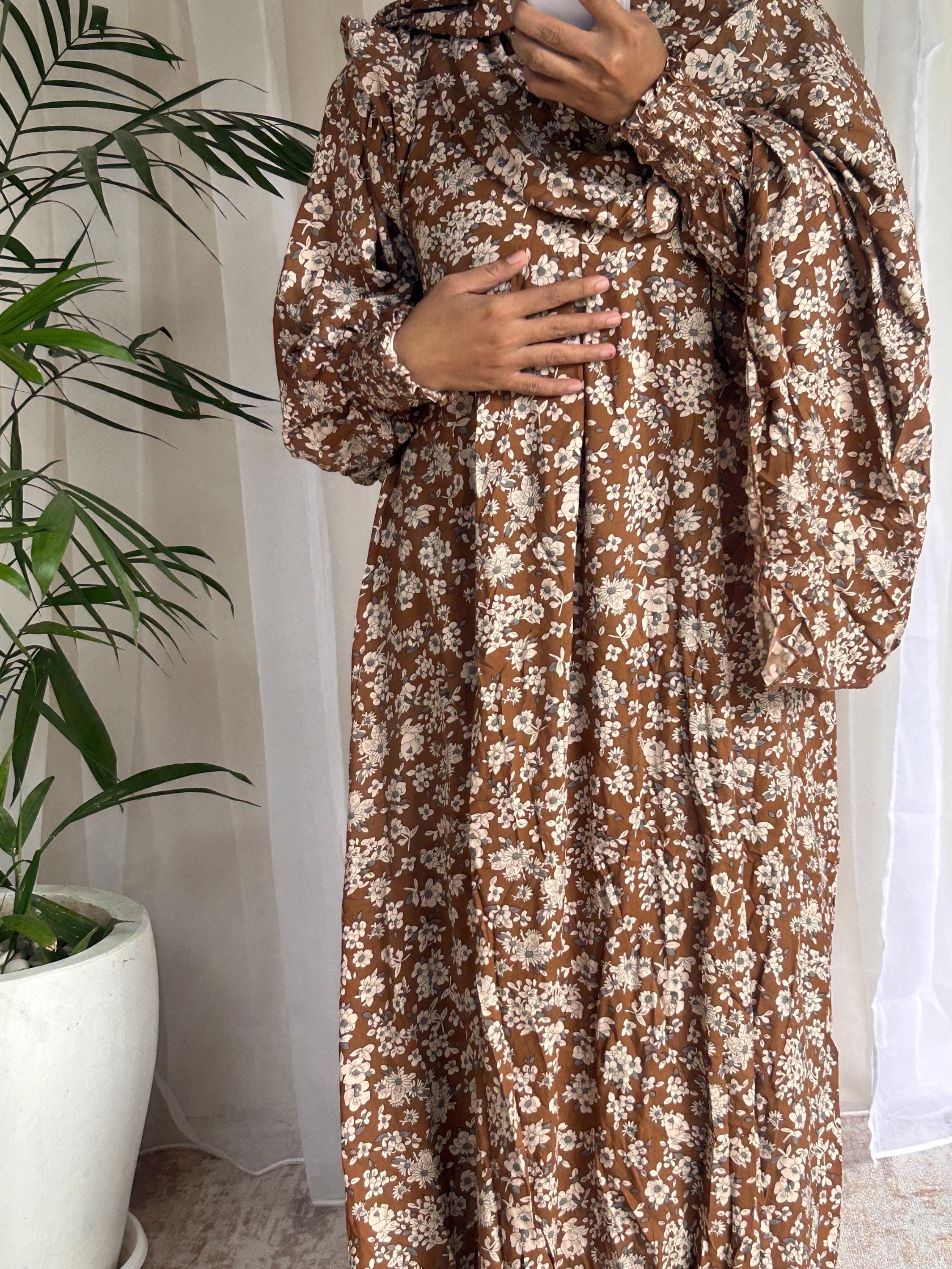 Earth Tone Floral Prayer Dress with Attached Hijab | Modest Muslim Prayer Wear - image 4