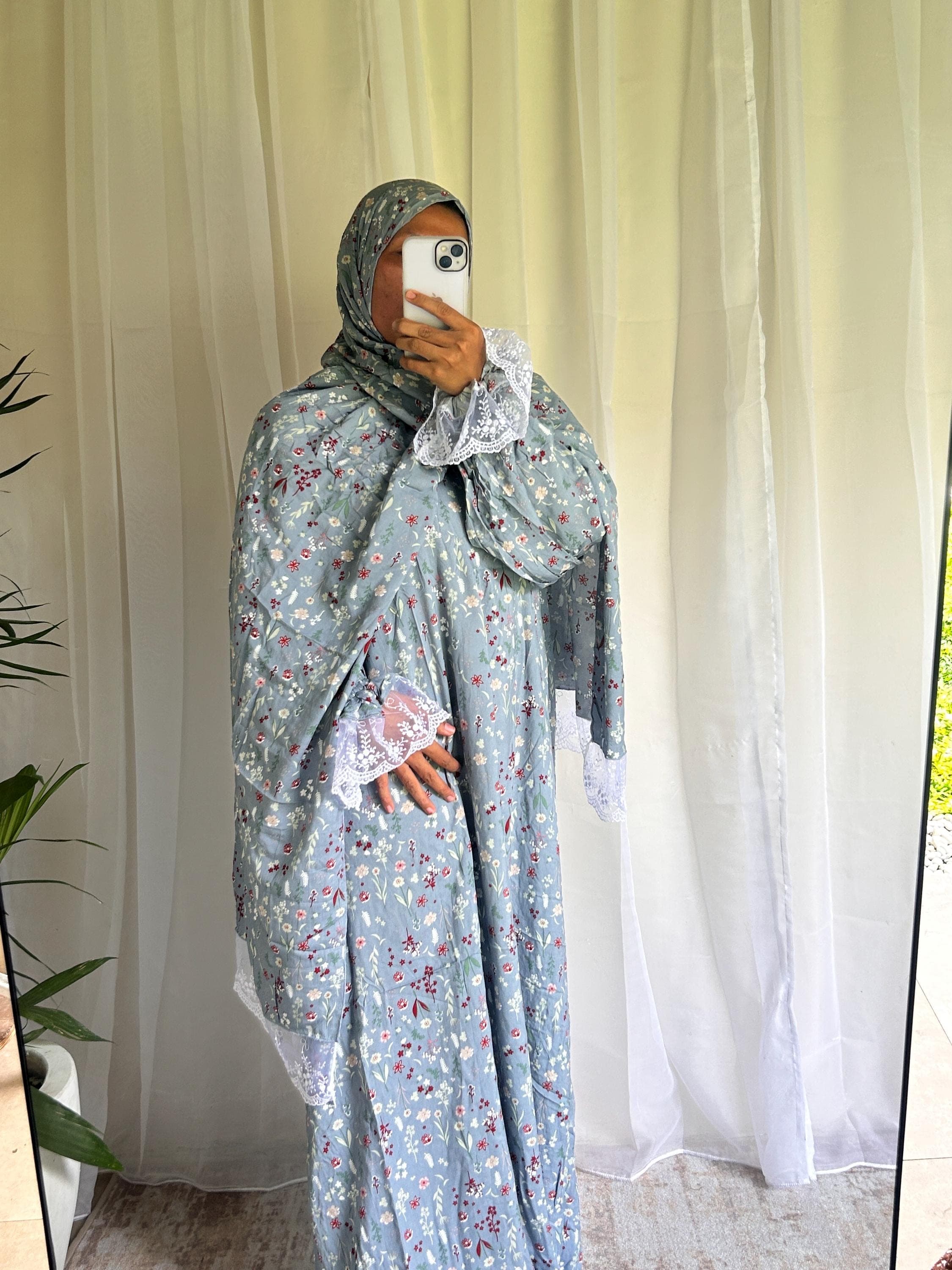 Long Blue Floral Prayer Dress with Attached Hijab | A-Line Muslimah Dress | Modest Islamic Prayer Outfit for Women - image 4