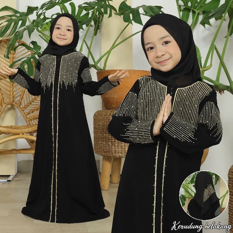 Gold Zyva Mommy and Me Black Abaya Set with Gold Embroidery, Girls' Muslim Dress