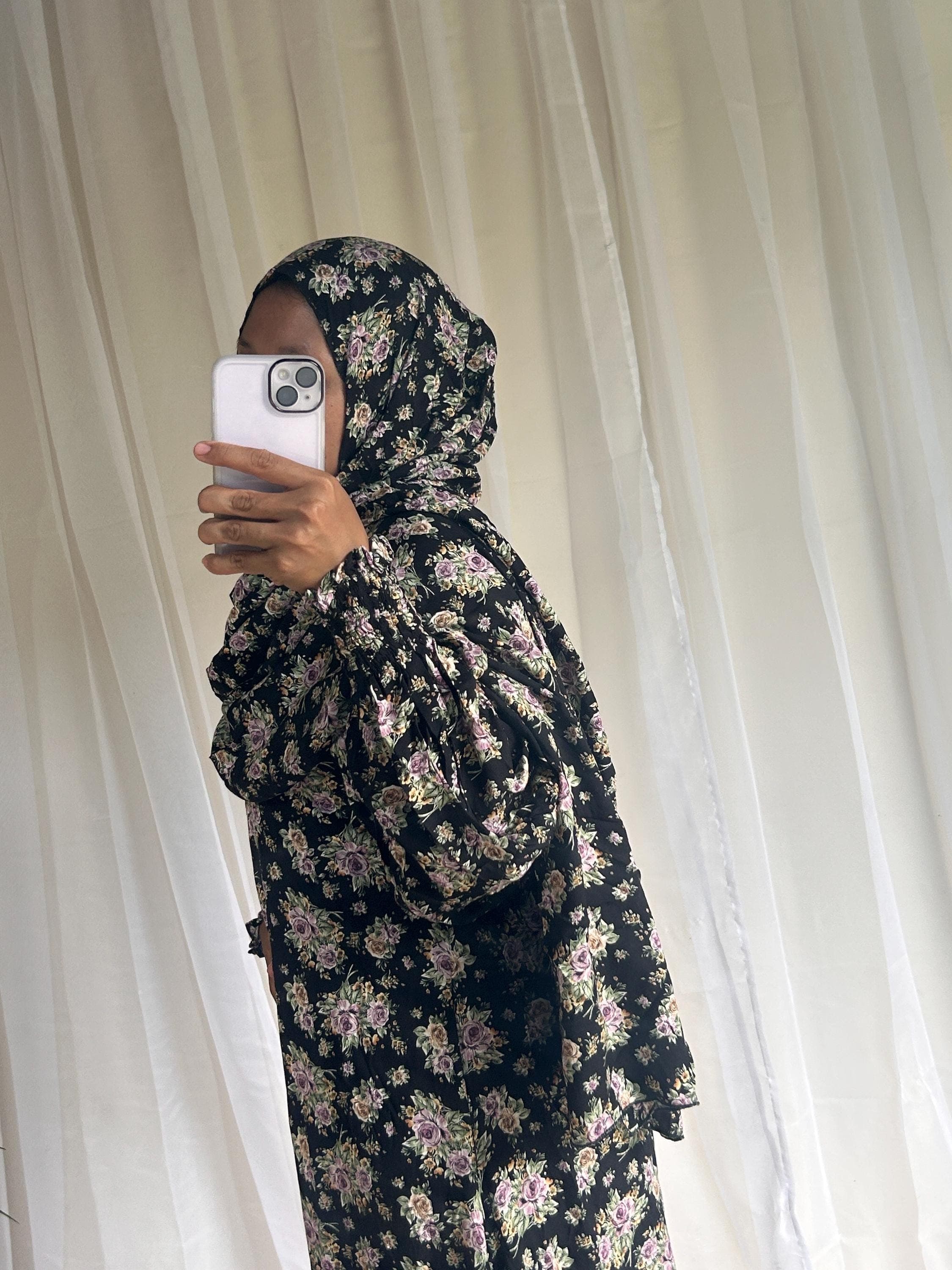 Long Black Floral Prayer Dress | Attached Hijab A-Line Islamic Prayer Outfit - image 4