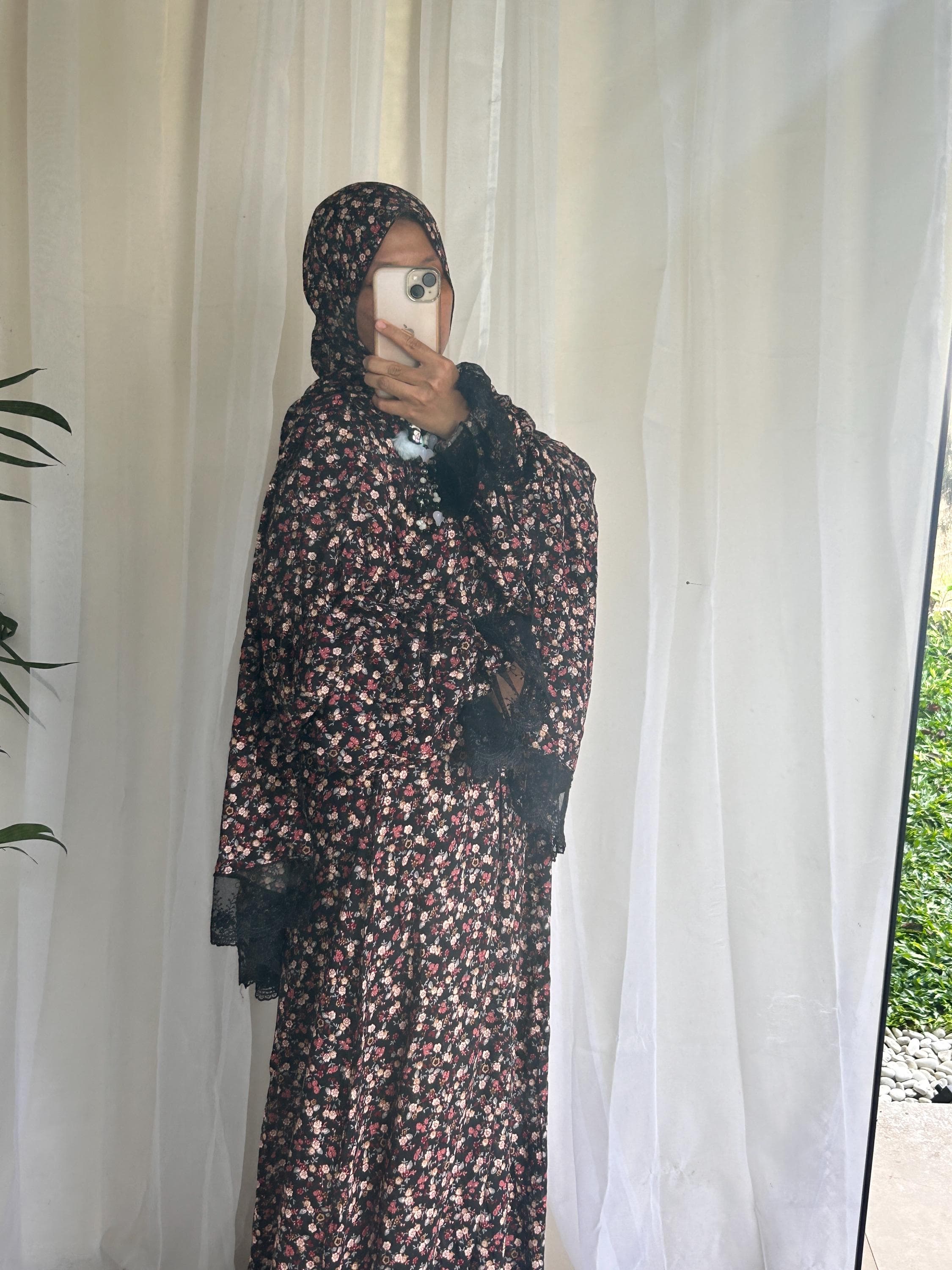 Black Floral Prayer Dress with Attached Hijab – Long A Line Mukena, Modest Islamic Prayer Outfit