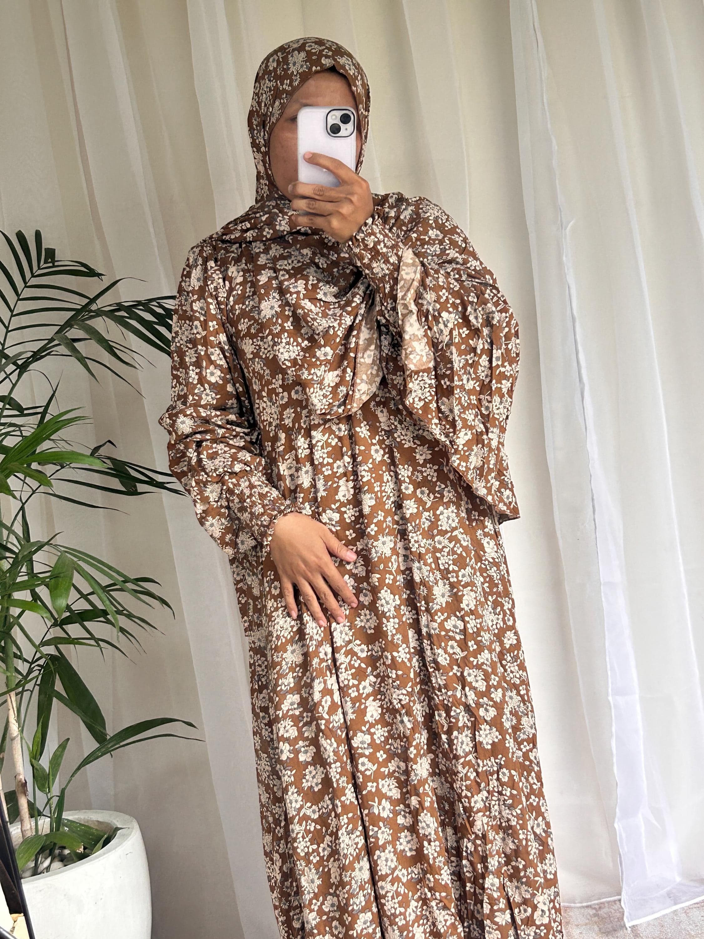 Earth Tone Floral Prayer Dress with Attached Hijab | Modest Muslim Prayer Wear - image 3