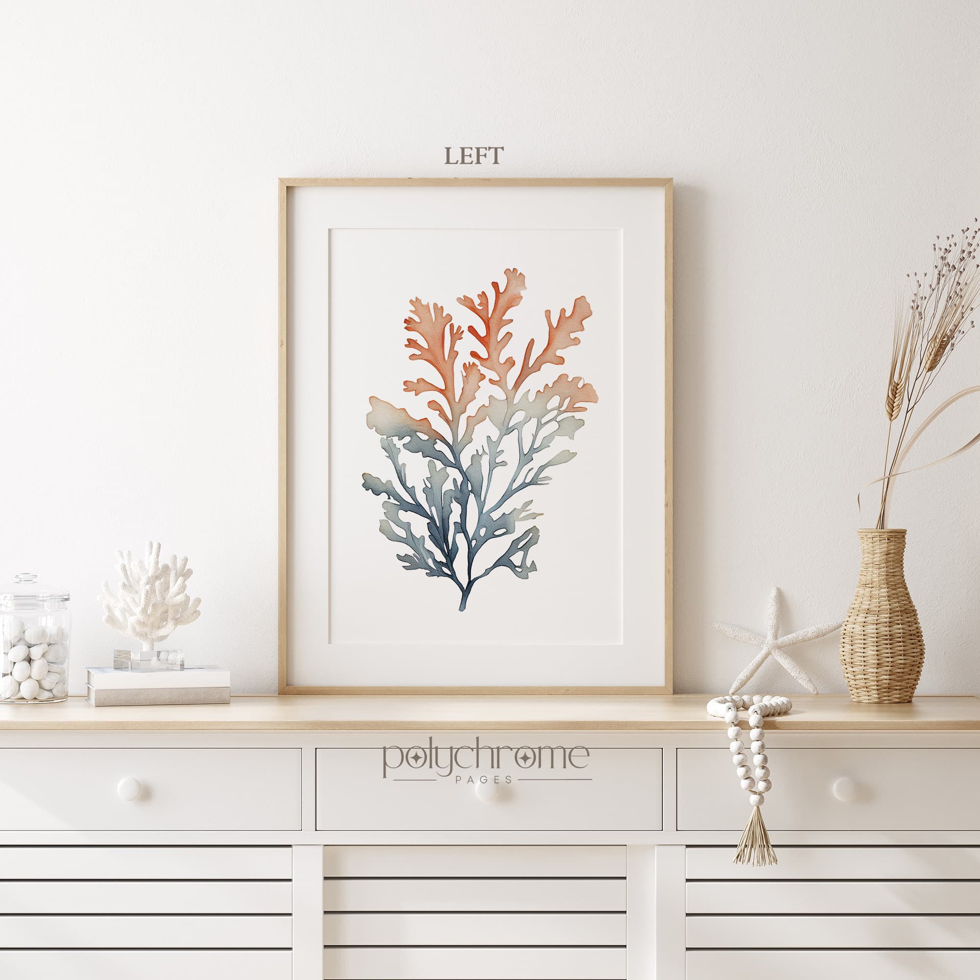 Corals and Seaweeds Beachy Decor, Tranquil Blue & Peach Hamptons Inspired Marine Flora Wall Art | Paper print sizes 5x7 - 24x36 in - image 5