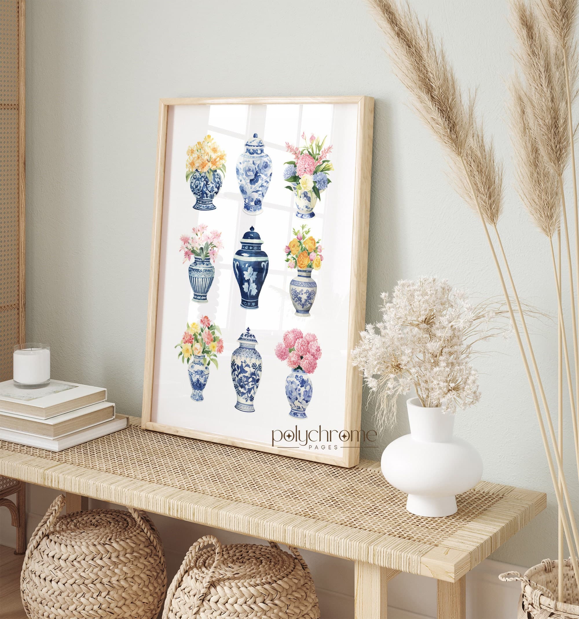 Ginger Jars and Flower Bouquets in Chinoiserie, Grandmillenial Hamptons Style Blue White China 9 Pieces Art | Paper print size 5x7 - 24x36in - image 3