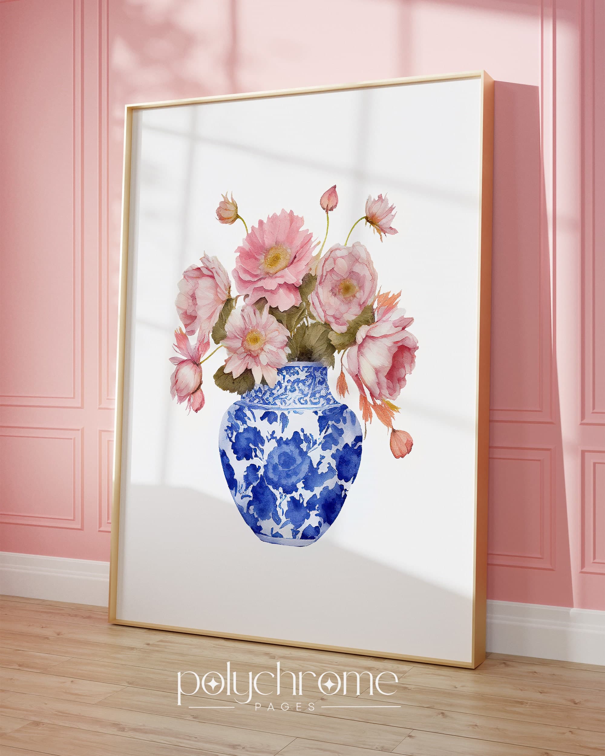 Daisies in Chinoiserie, Cottagecore Grandmillennial Hamptons Style Pink Flower Bouquet in Blue and White China | Paper prints 5x7 - 24x36 in - image 3