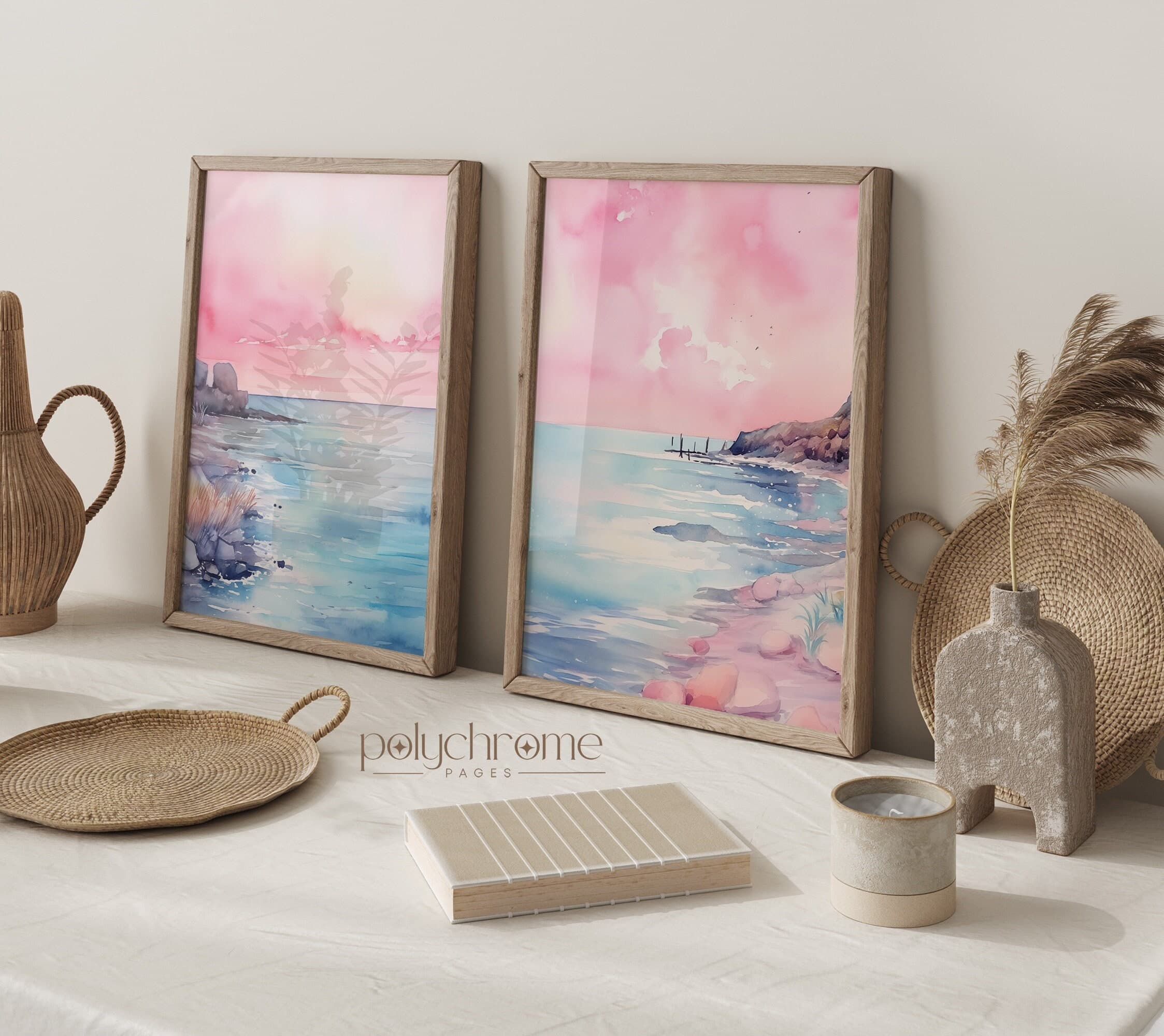 Beach Landscape Paintings, Pink and Blue Coastal Ocean Painting Set of Sea Landscapes Wall Art | Paper prints 5x7 - 24x36 in