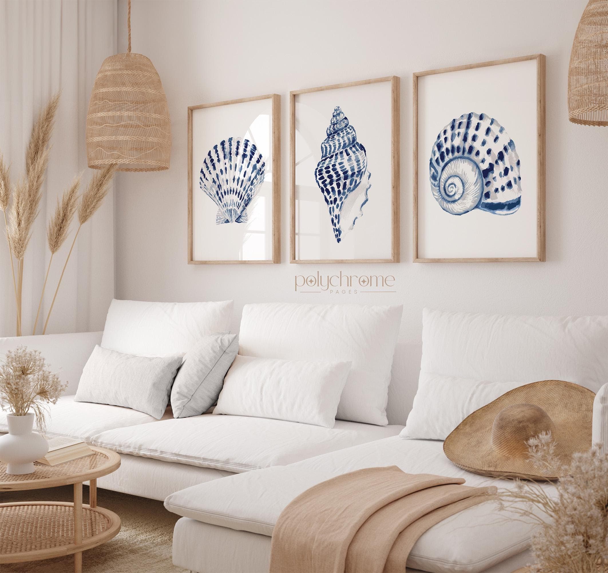 Navy Blue and White Seashells for Seaside Vacation Home, Scallop, Conch and Nautilus Shells Design, Coastal Laundry Room Art | Paper Print - image 3