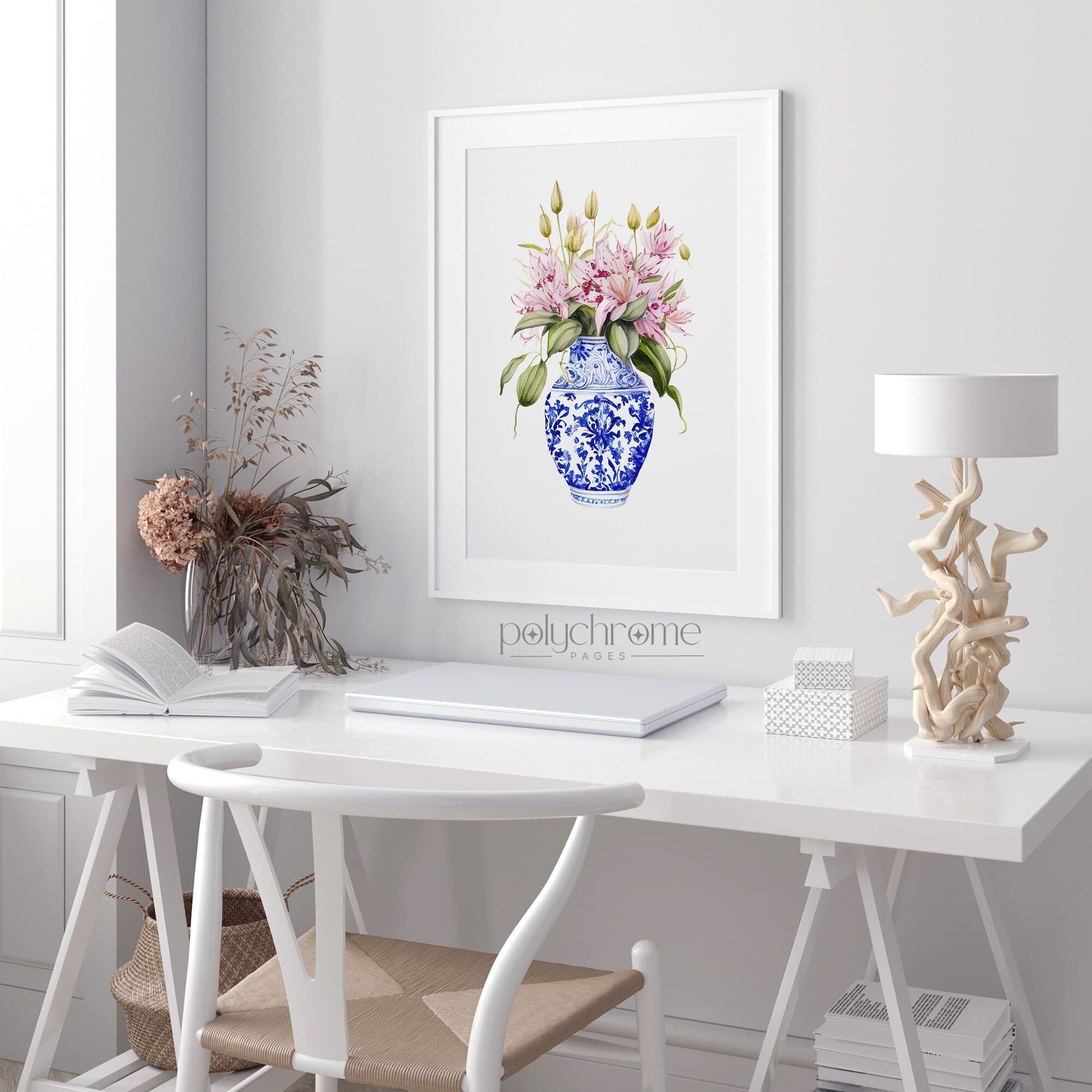 Lilies in Chinoiserie, Cottagecore Grandmillennial Hamptons Style Pink Flower Bouquet in Blue and White China | Paper prints 5x7 - 24x36 in - image 5