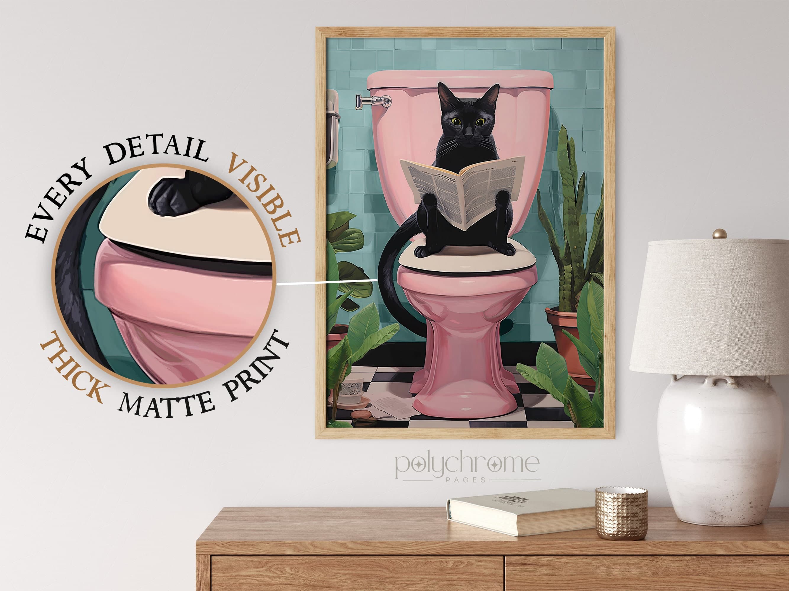 Bathroom decor art, home accent decor, bathroom wall art, gifts for cat lovers,
picture of drawn cat, funny bathroom art, bathroom artwork, cat poster, eclectic style decor, black cat art, cat using toilet,
cat reading