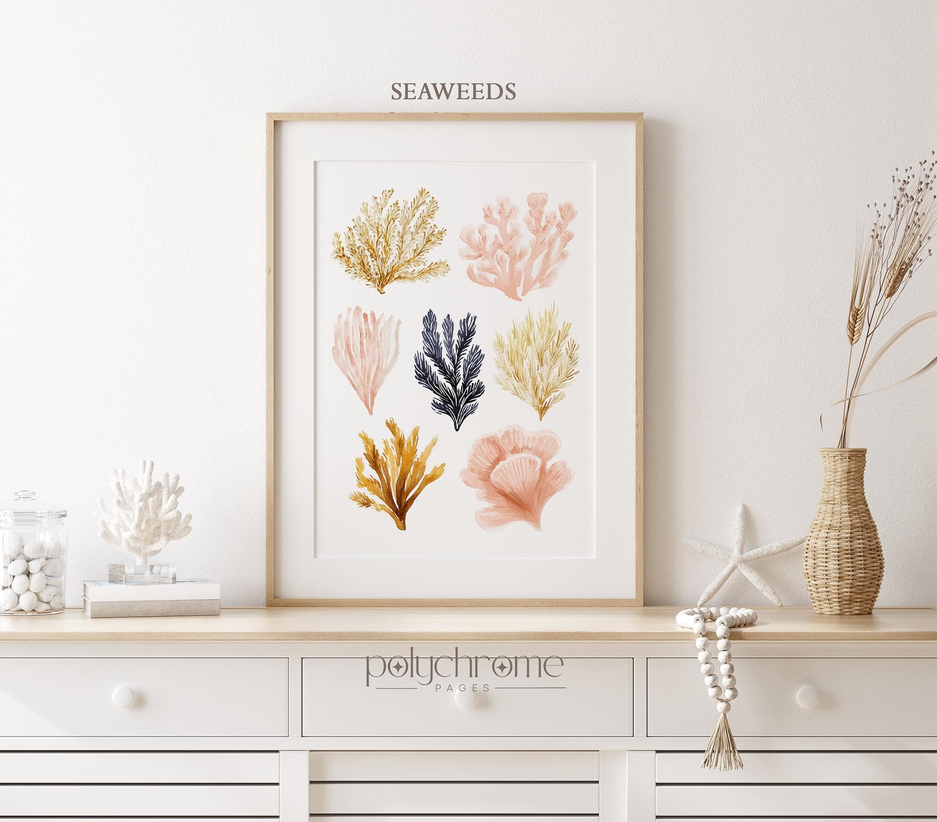 Seashells and Seaweed in Beige, Brown, Pink and Yellow, Pastel Colored Collection for Vacation Home, Coastal Laundry Room Art | Paper Print - image 4