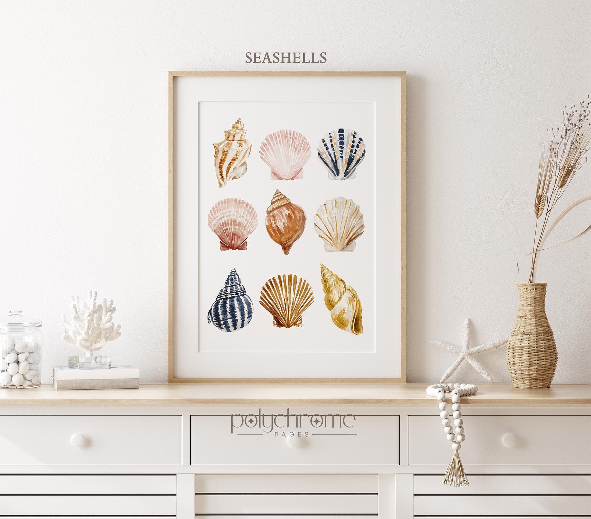 Seashells and Seaweed in Beige, Brown, Pink and Yellow, Pastel Colored Collection for Vacation Home, Coastal Laundry Room Art | Paper Print - image 3