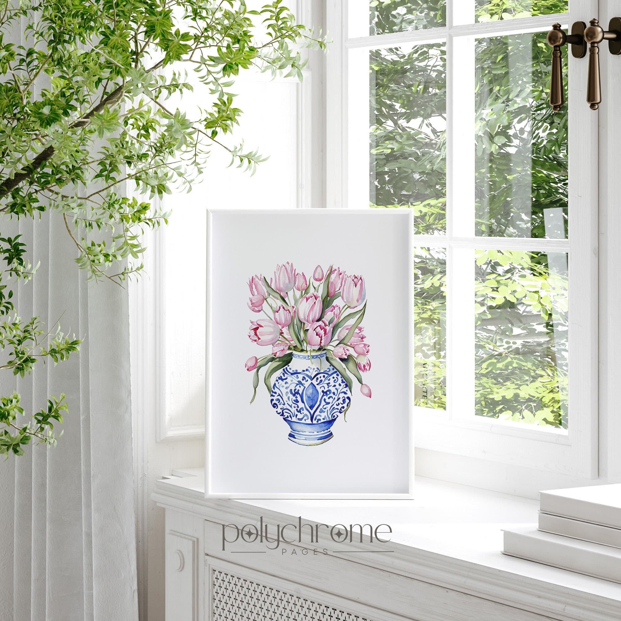 Tulips in Chinoiserie, Cottagecore Grandmillennial Hamptons Style Pink Flower Bouquet in Blue and White China | Paper prints 5x7 - 24x36 in