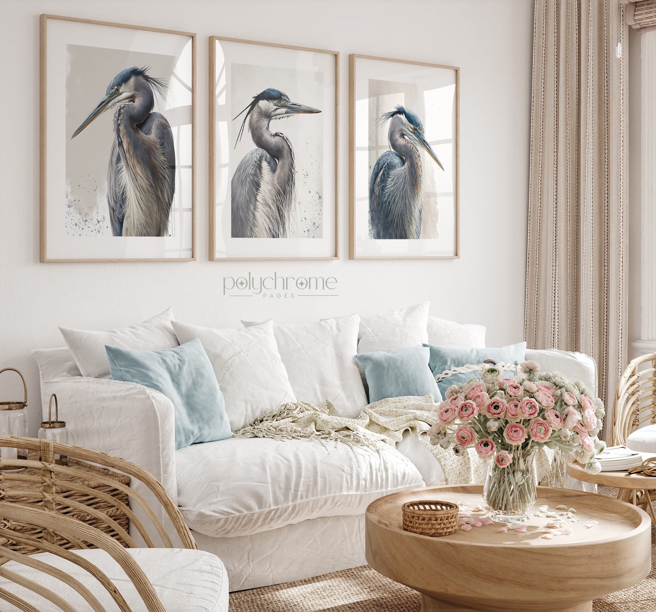 Great blue heron - white crane bird lover gifts, beachy bedroom, baby nursery decor, 3 piece wall art