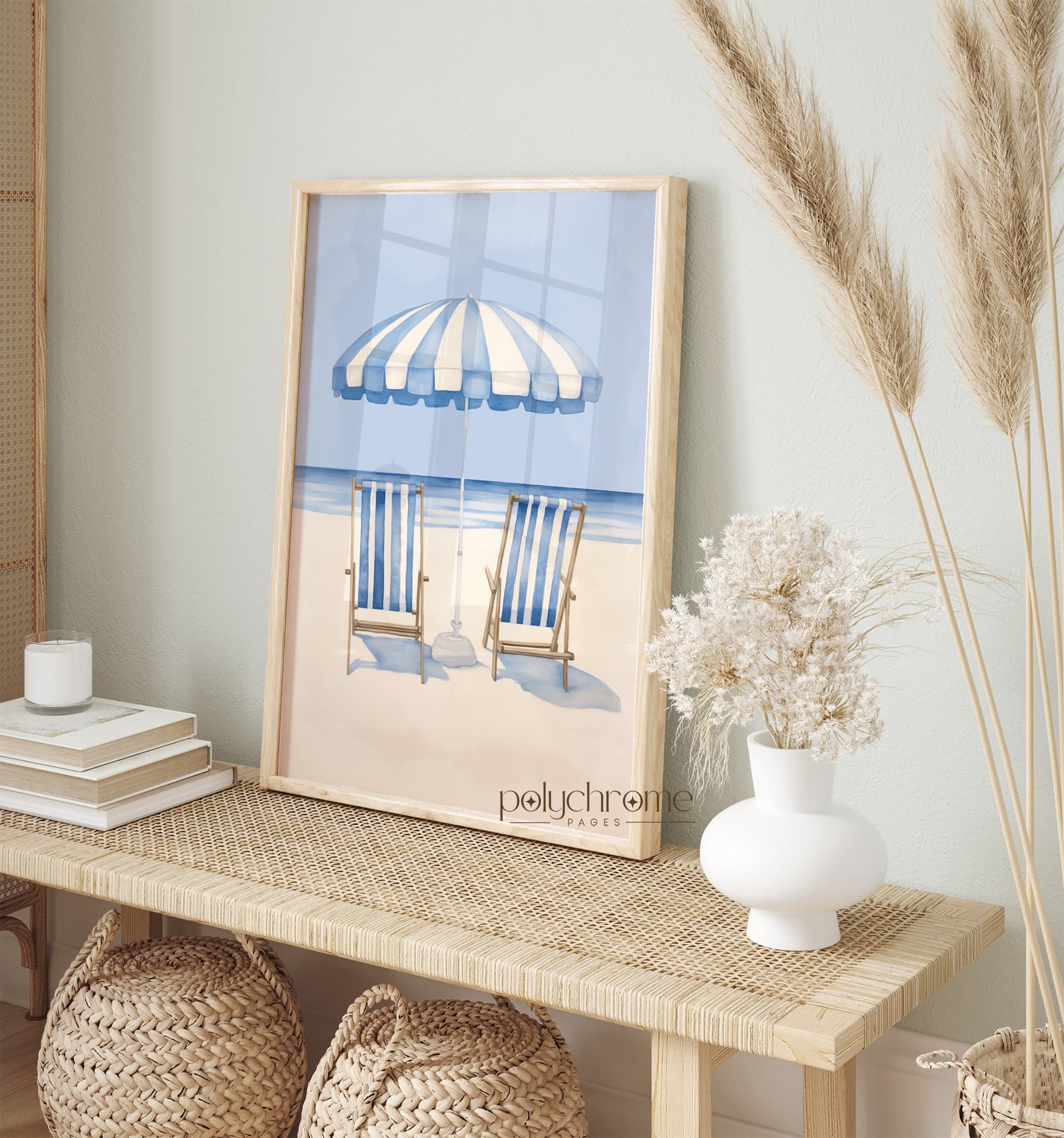 Beach Umbrella and Chairs Picture, Beach House Decor Seascape Painting, Ocean Blue Summer Coastal Decor | Paper print size 5x7 - 24x36 in - image 4