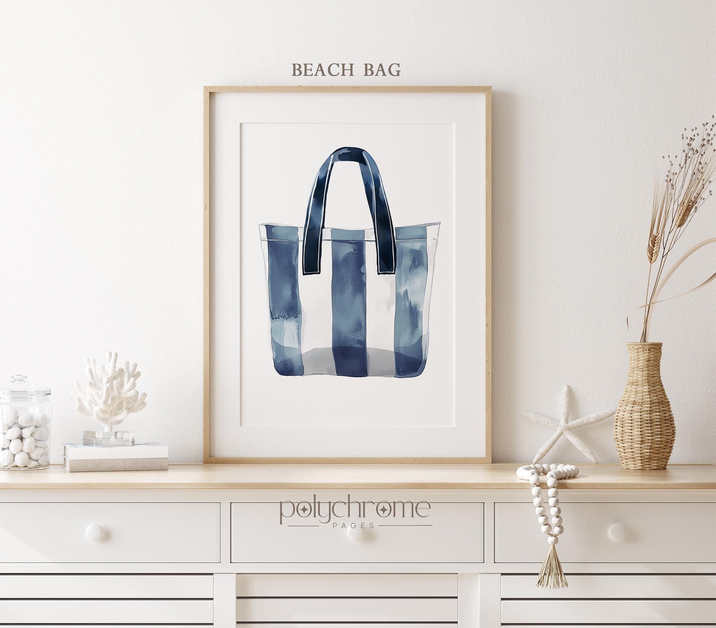 Flip flops, sunglasses, tote beach bag and sun hat, beach vacation home art. Navy blue pool bathroom decor idea | Paper prints 5x7 - 24x36in - image 5