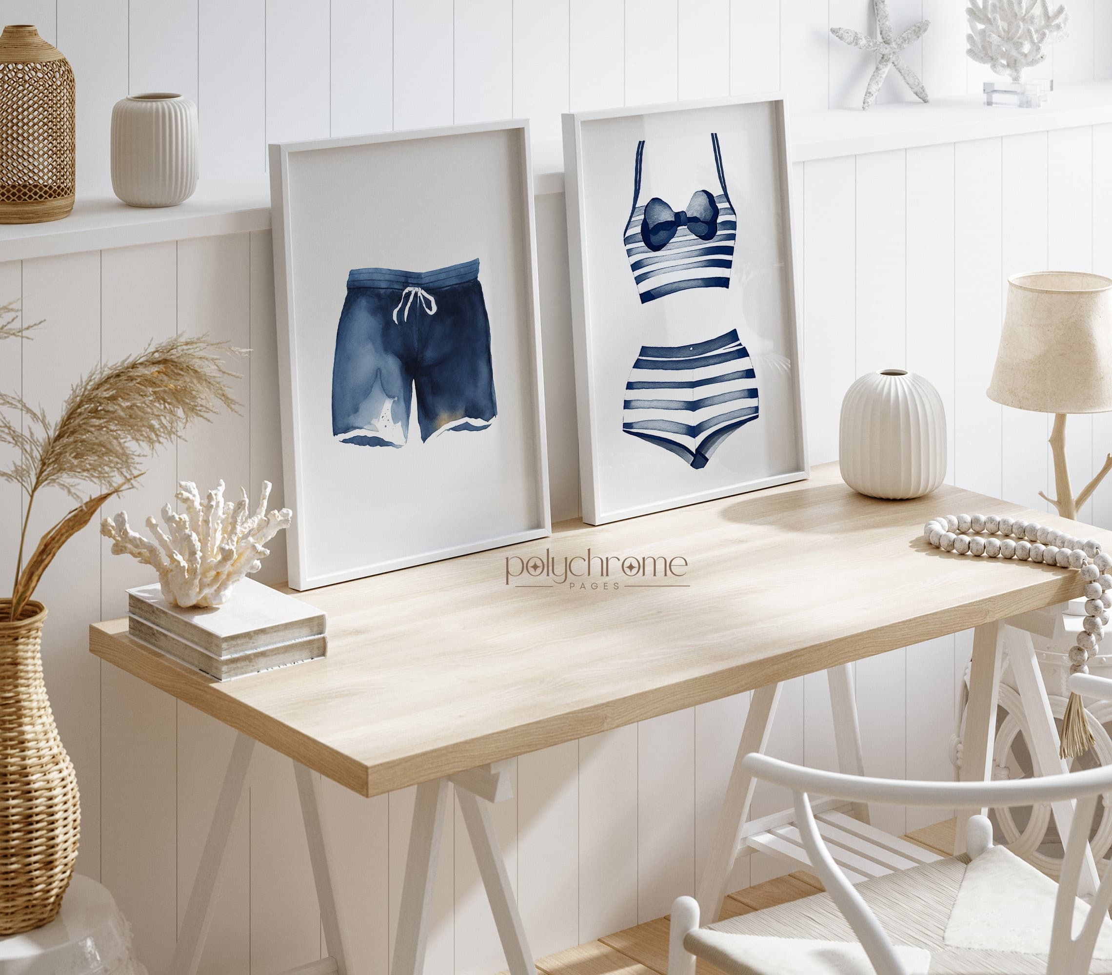 Blue and White Painted Swimsuits Summer Painting, Hale Navy Wall Art, Laundry Room Decor, ocean paintings, beach watercolor, laundry room ideas, beach gifts ideas, bathroom wall art