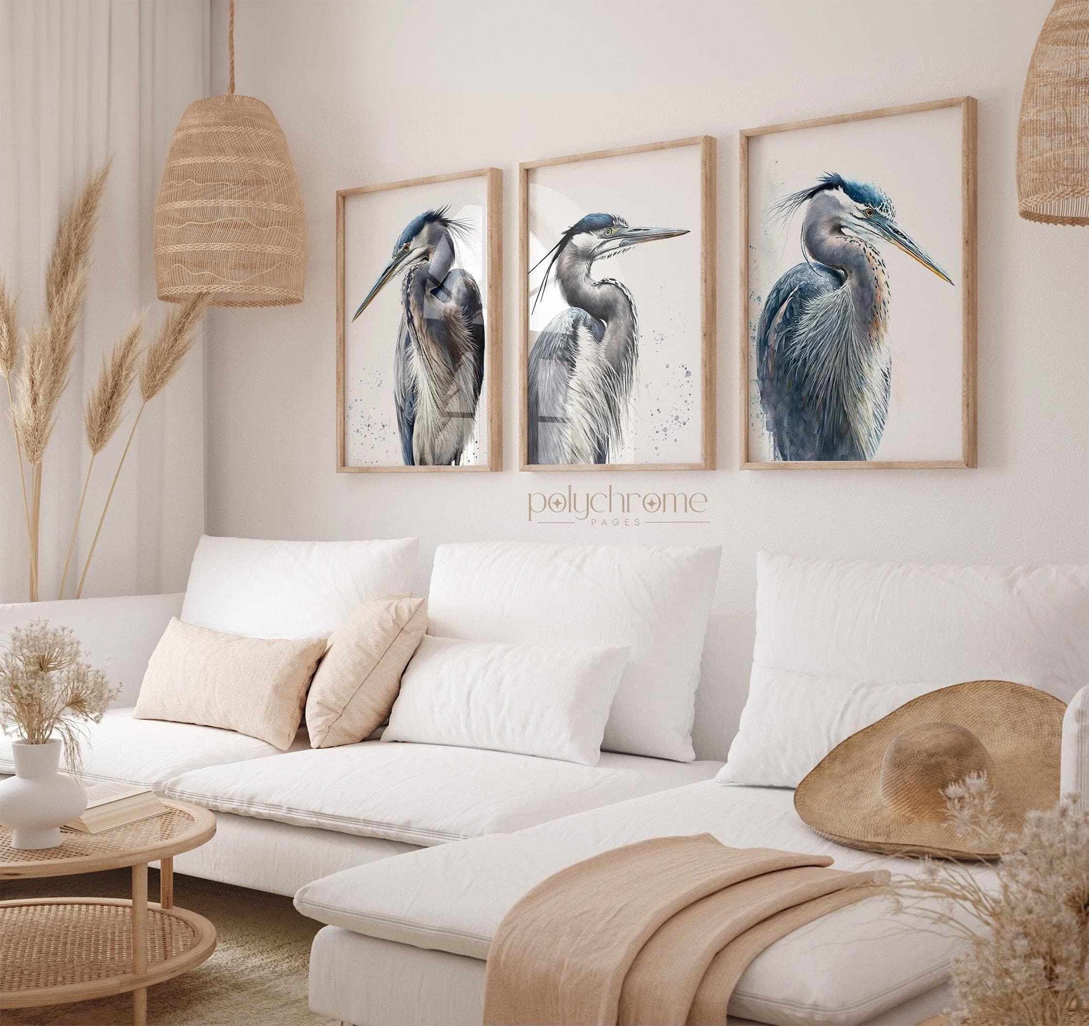 Great blue heron - white crane bird lover gifts, beachy bedroom, baby nursery decor 3 piece wall art | Printable sized: 18x24 in & 24x36 in