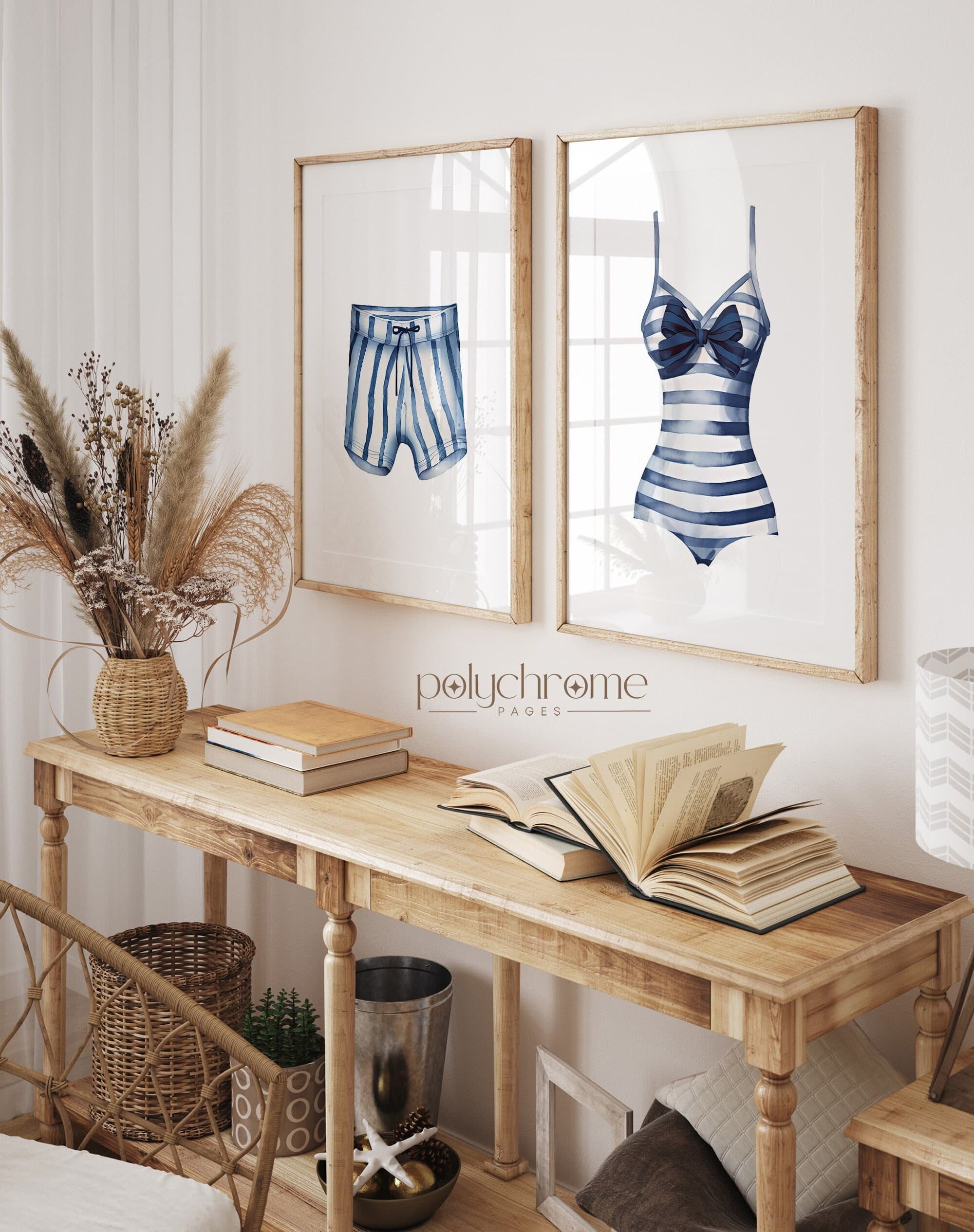Striped Painted Swimsuits, Vintage Summer Painting, White and Blue Wall Art, Lake House Decor Art | Paper Print Sizes 5x7 - 24x36 in