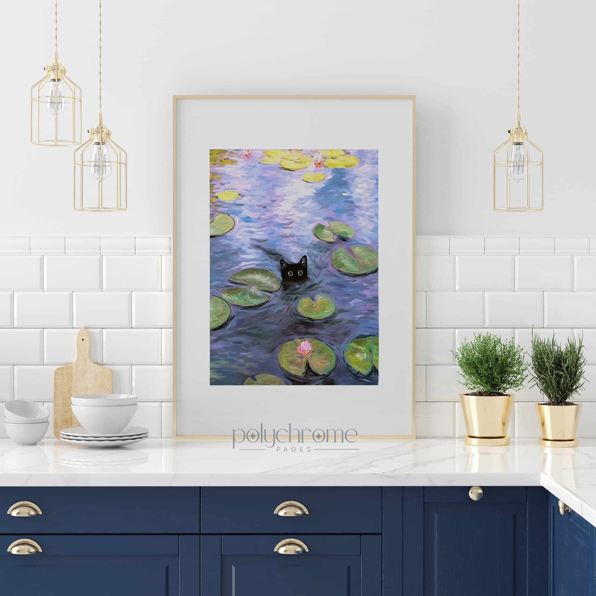 Cat in Monet Water Lilies, Black cat in pond, funny cat painting, gifts for cat lovers, Pond prowler | Paper print sized: 8.5x12 - 24x36in - image 3