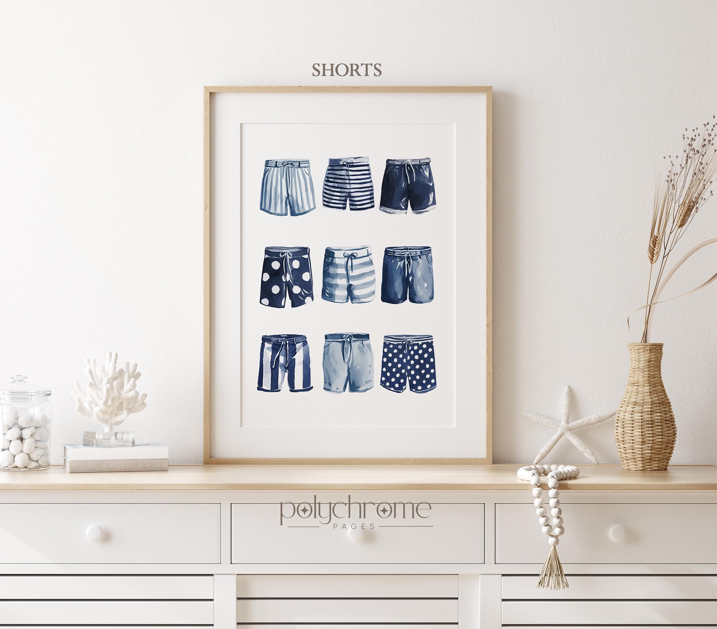 Swimwear Lineup in Navy Blue, A Variety of Swimsuits and Trunks for Laundry Room, Lake House Pool Bathroom Art | Paper Print 5x7 - 24x36 in - image 4
