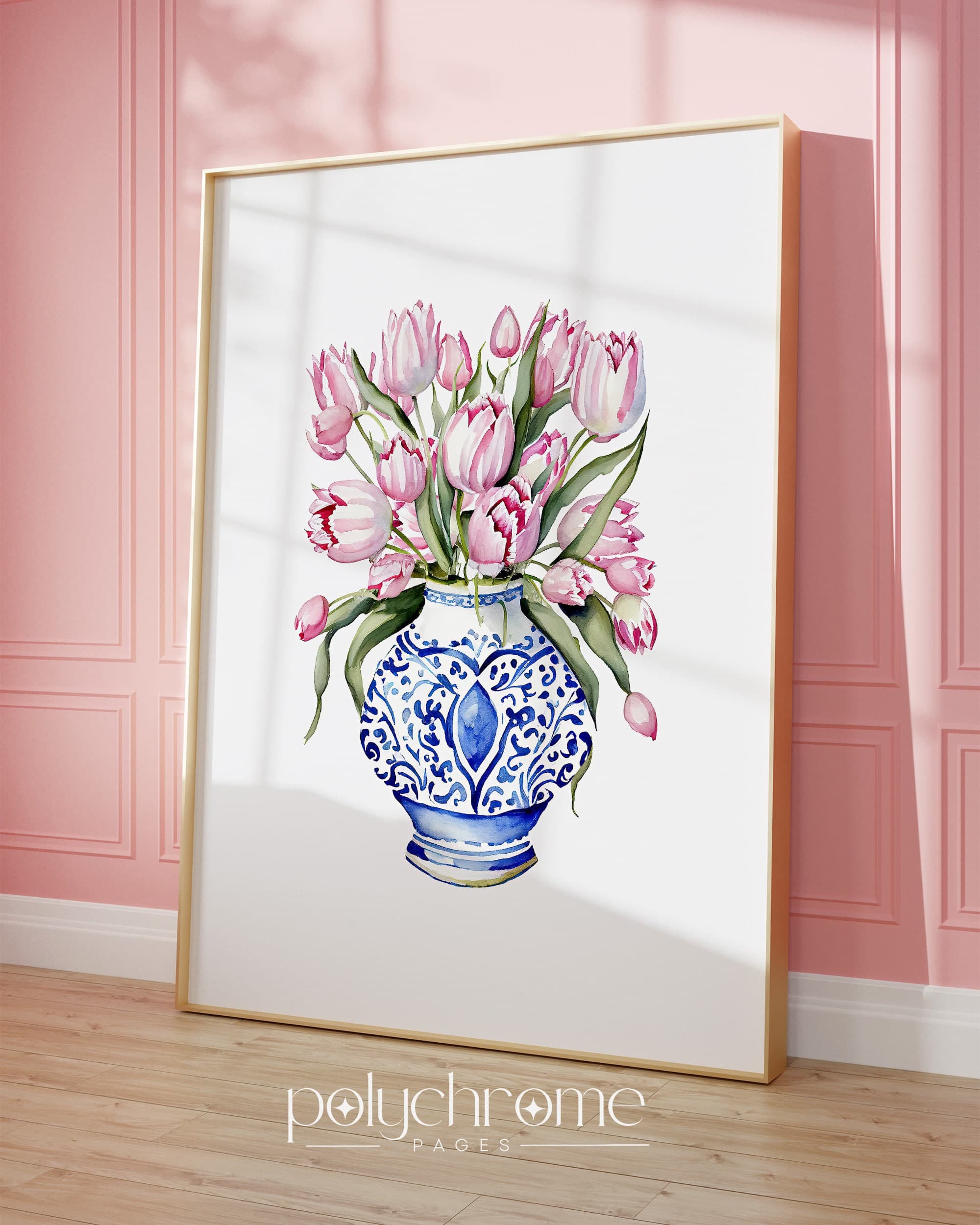 Tulips in Chinoiserie, Cottagecore Grandmillennial Hamptons Style Pink Flower Bouquet in Blue and White China | Paper prints 5x7 - 24x36 in - image 3