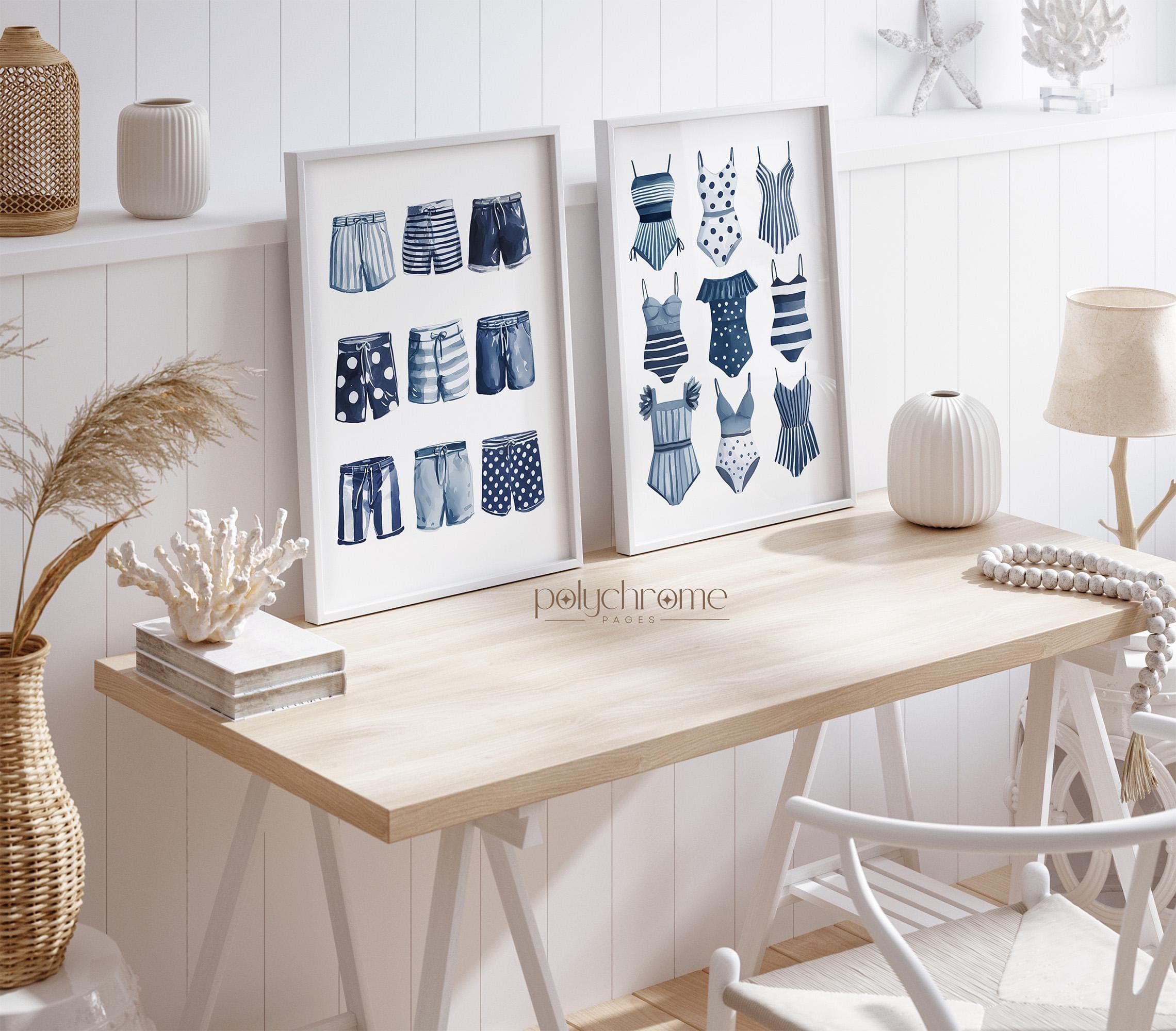Swimwear Lineup in Navy Blue, A Variety of Swimsuits and Trunks for Laundry Room, Lake House Pool Bathroom Art | Paper Print 5x7 - 24x36 in - image 3