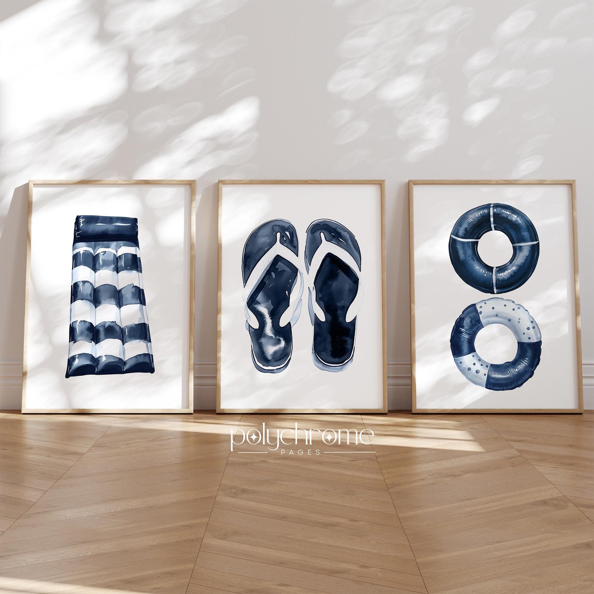 Pool Accessories: Floaty Mat, Flip Flops, Inflatable Tubes, Summer Bathroom Decor, Navy Blue Watercolor Art | Paper Print Sizes 5x7 - 24x36